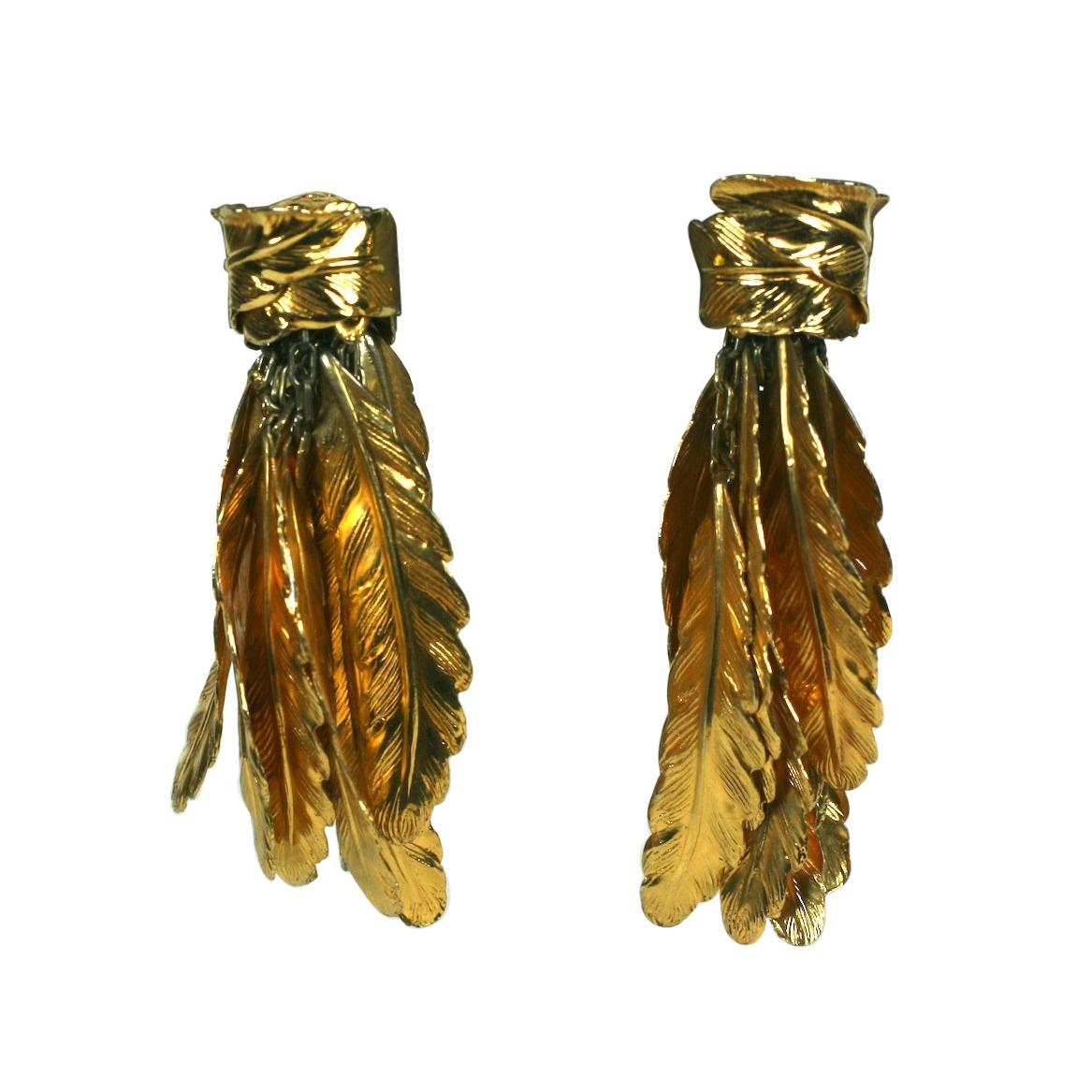 Unusual Italian Gilt Feather Earrings For Sale