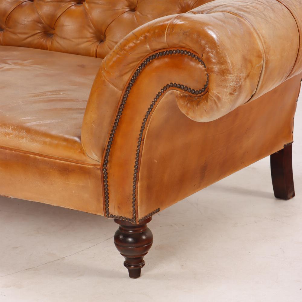 Unusual Italian leather Chesterfield style sofa with extra deep frame C 1930. In Good Condition In Philadelphia, PA