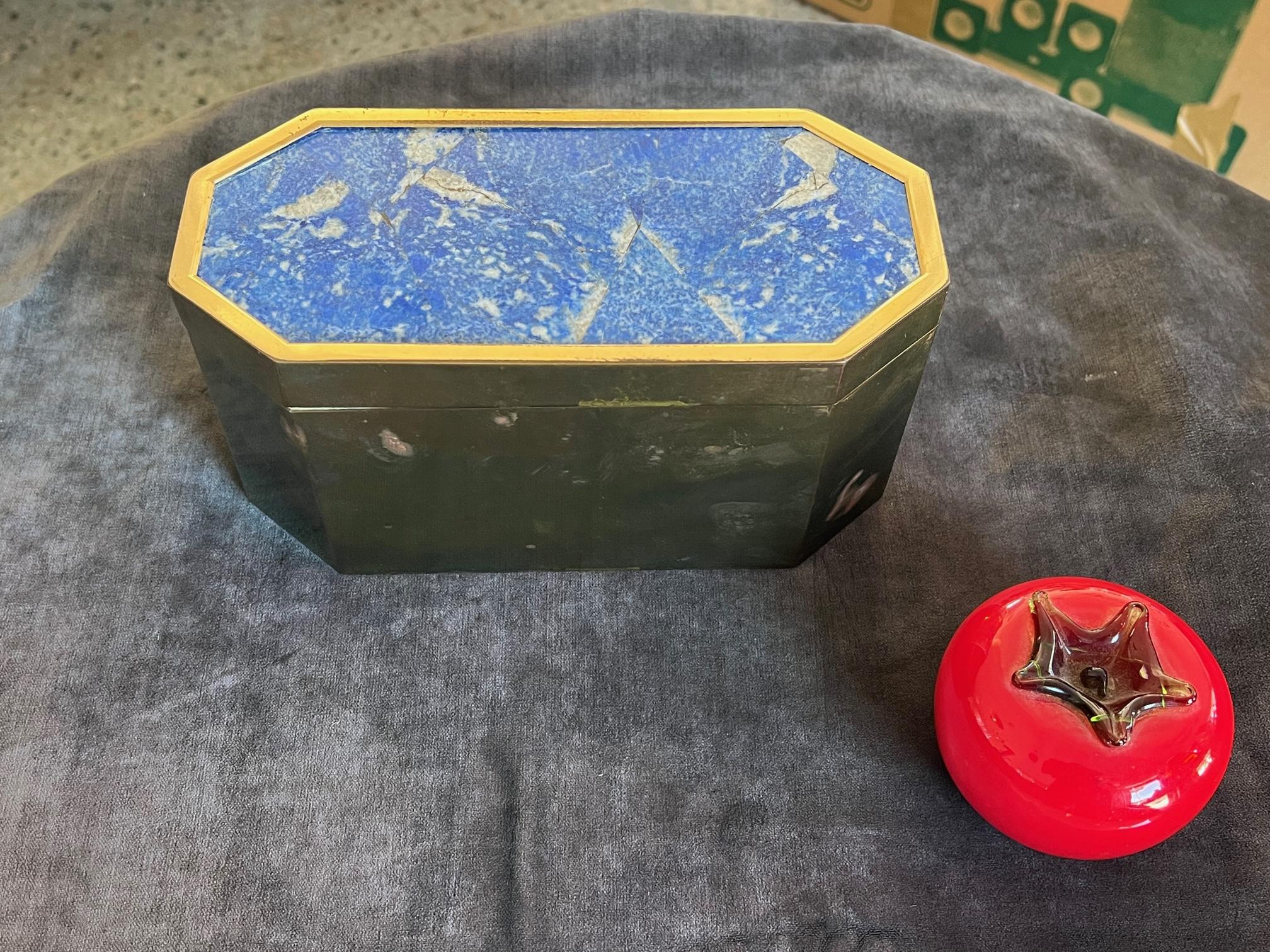 An elegant and unusual octagon shaped, Italian box made of brass and lapis lazuli, ca' 1970's. Signed made in Italy.