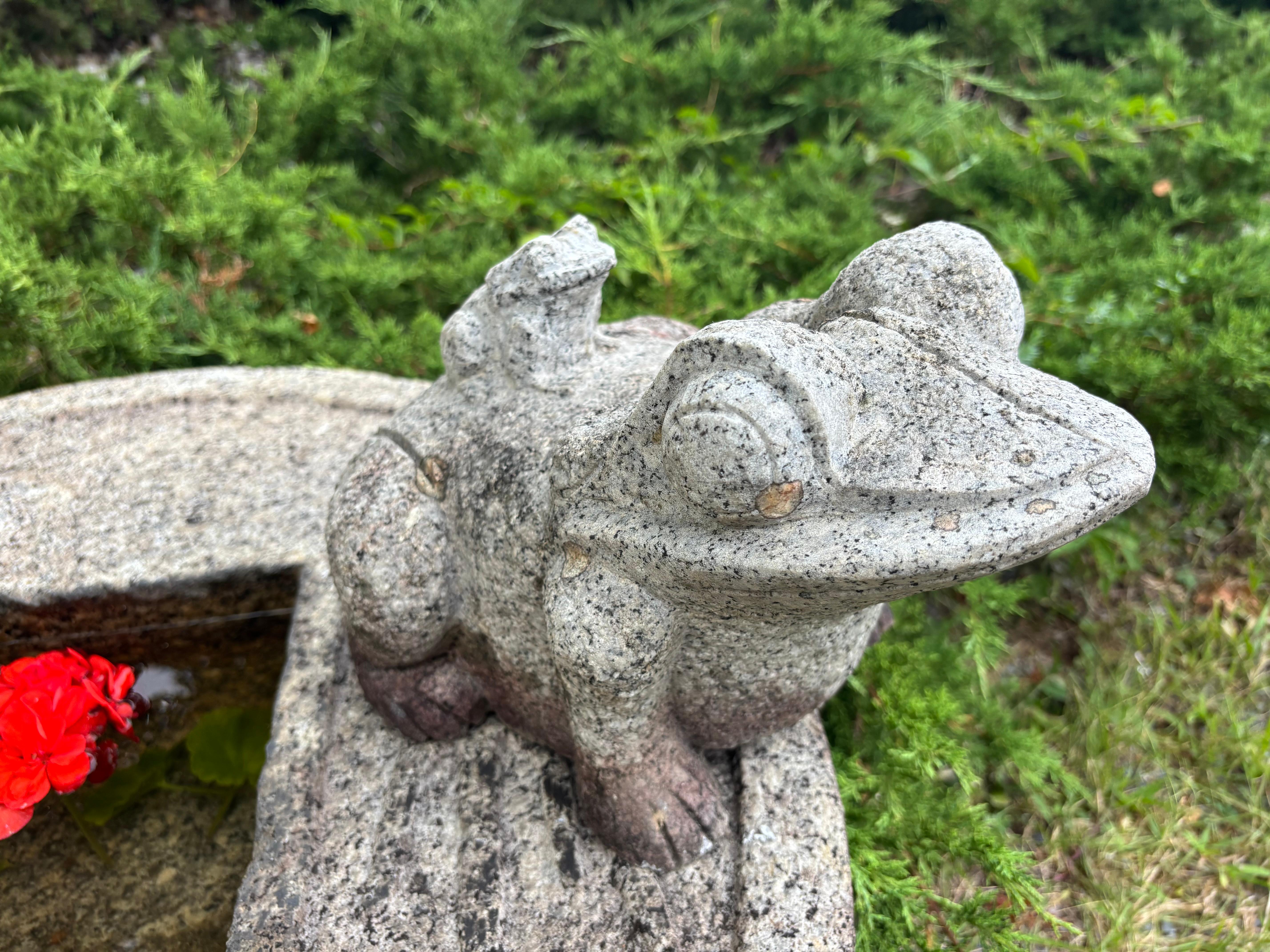Una deliciosa oportunidad de adquirir una escultura japonesa de rana y cría de rana, tallada a mano en piedra, de forma poco común, procedente de un antiguo jardín de Nagoya, Japón. del siglo XX. Fíjate en los magníficos detalles de talla de sus