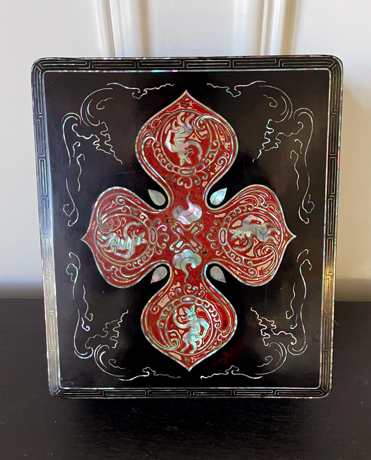 A Japanese black lacquer box with mother of pearl inlays circa early 20th century, end of Meiji period. It was likely to be used to store inkstone or other scholarly items. The piece displays several interesting characteristics that appear puzzling