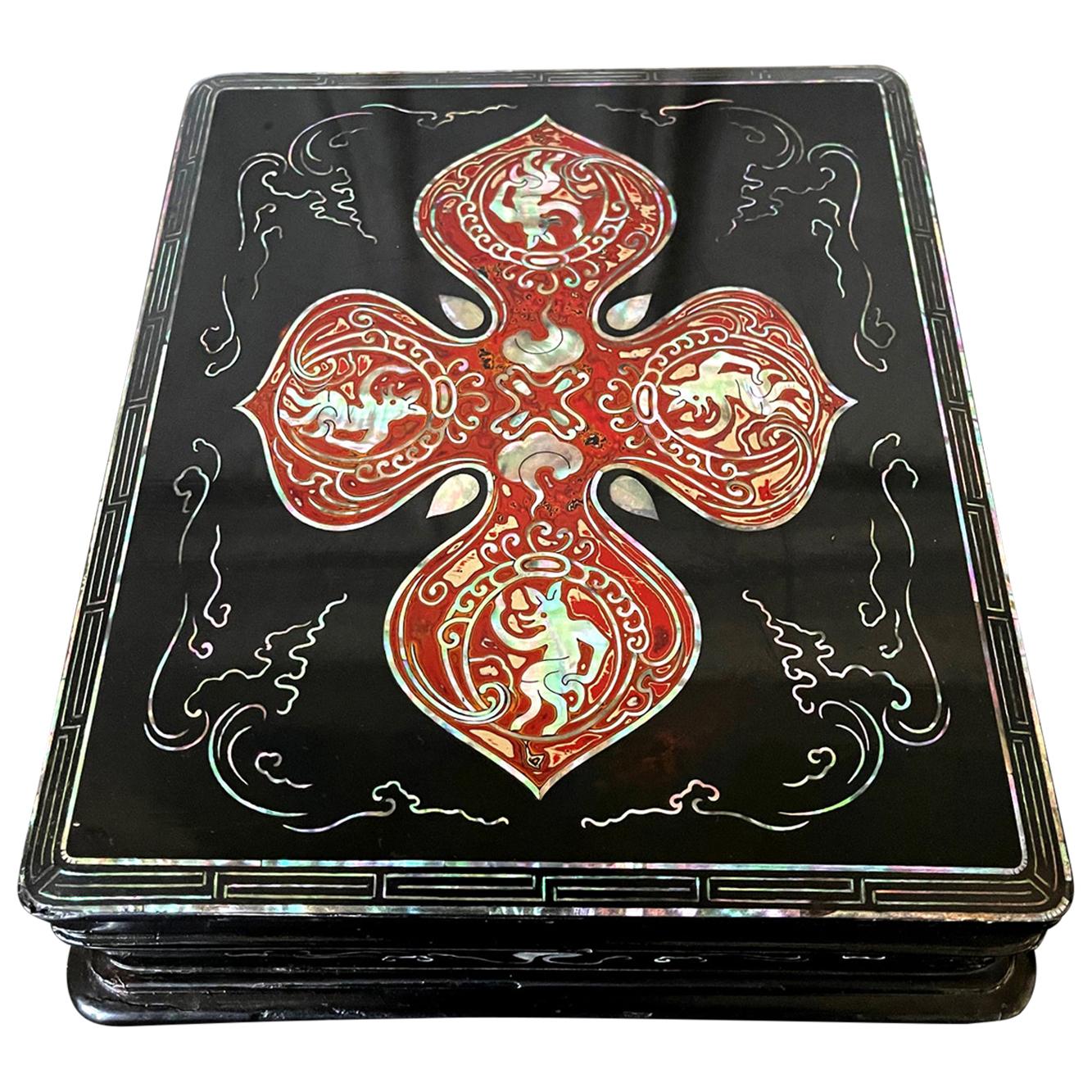 Unusual Japanese Lacquer Inkstone Box with MOP Inlays