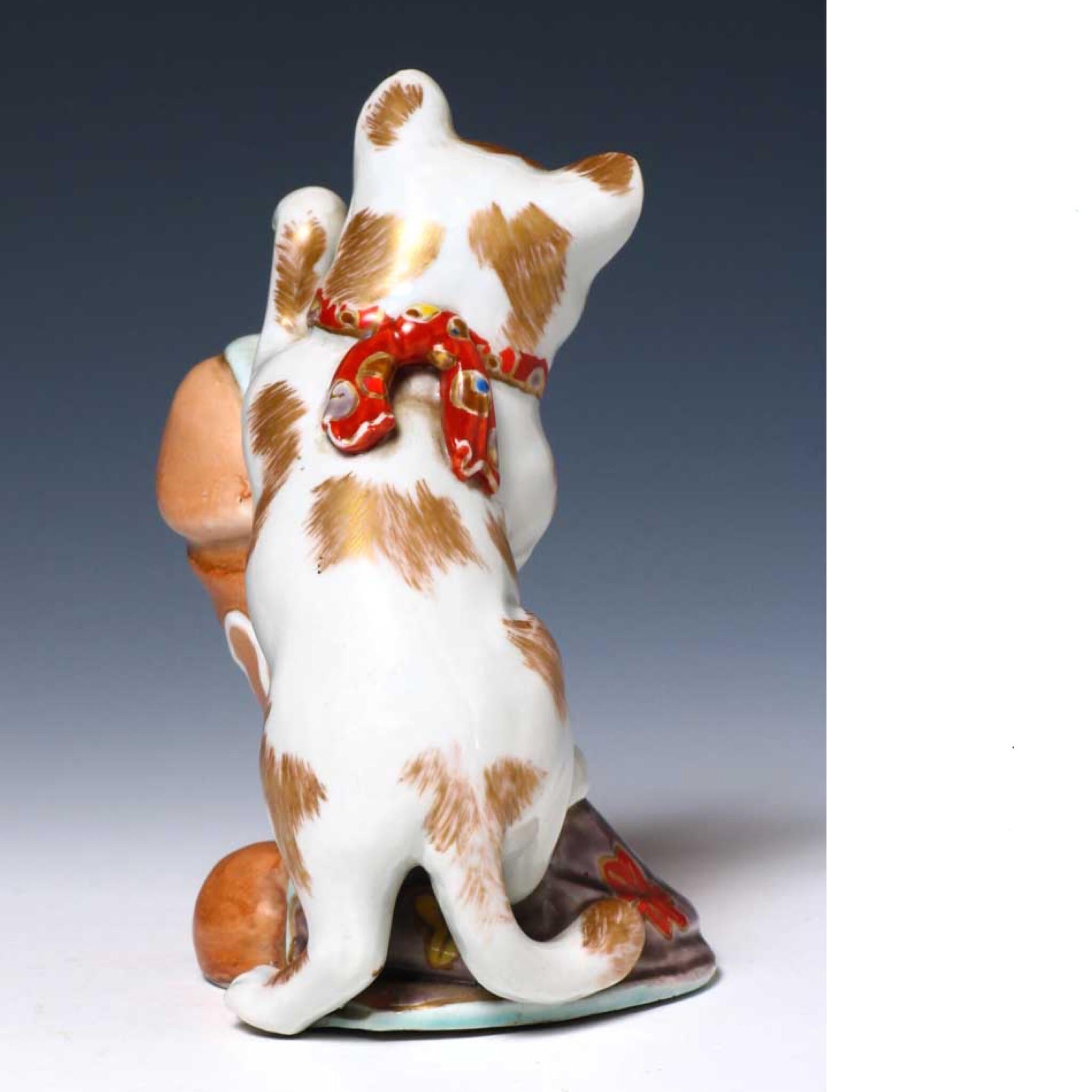 Glazed Unusual Japanese Porcelain Beckoning Cat Sculpture For Sale