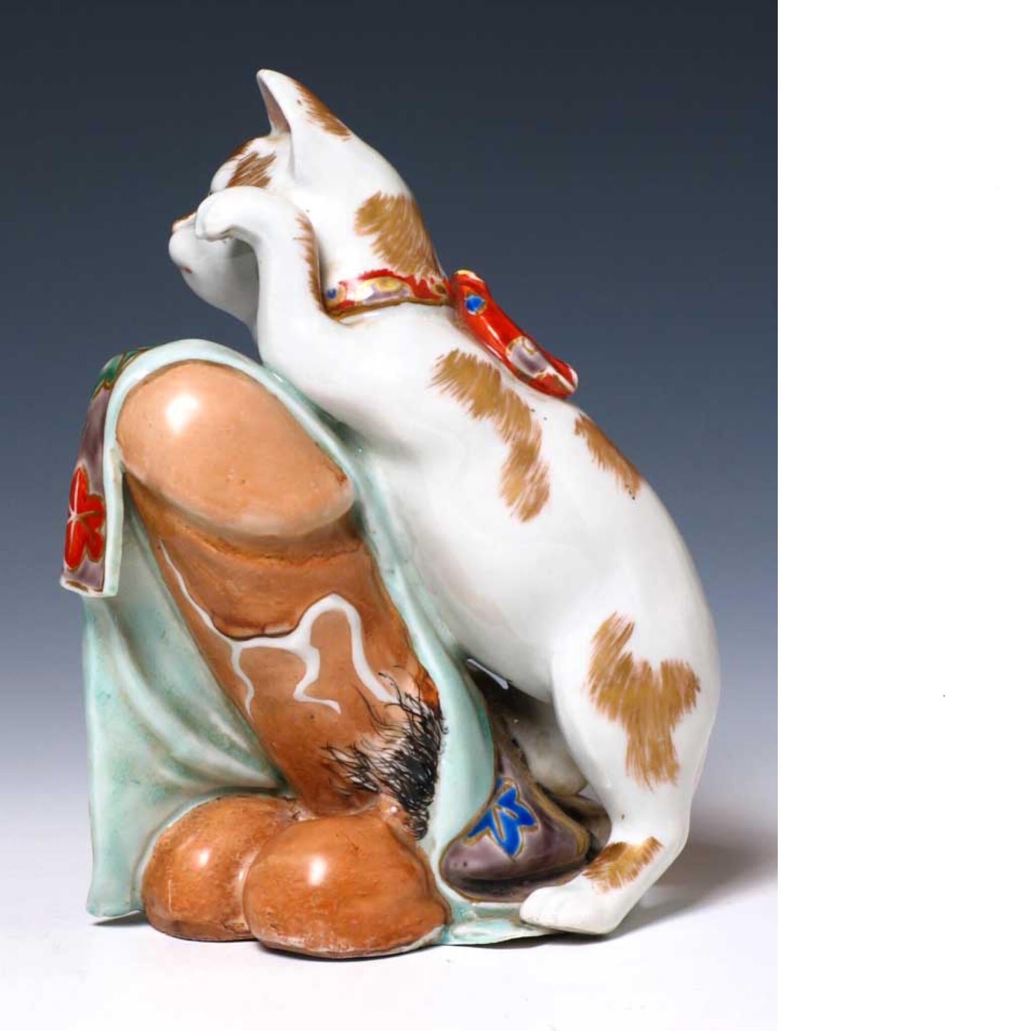 Unusual Japanese Porcelain Beckoning Cat Sculpture In Good Condition For Sale In New York, NY