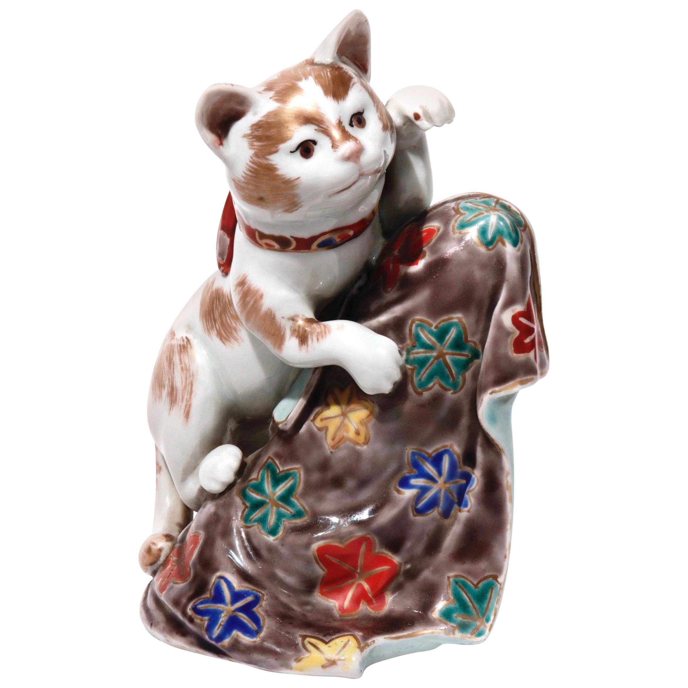 Unusual Japanese Porcelain Beckoning Cat Sculpture For Sale