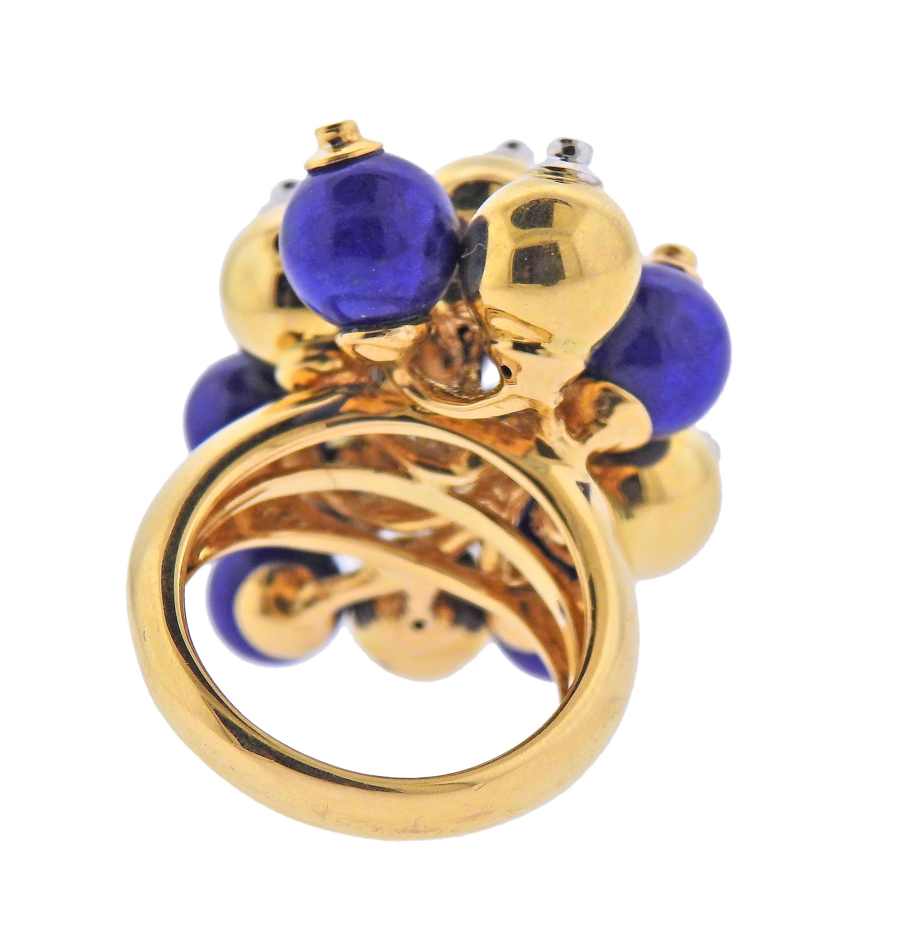 Round Cut Unusual Lapis Lazuli Diamond Ball Gold Cocktail Ring For Sale