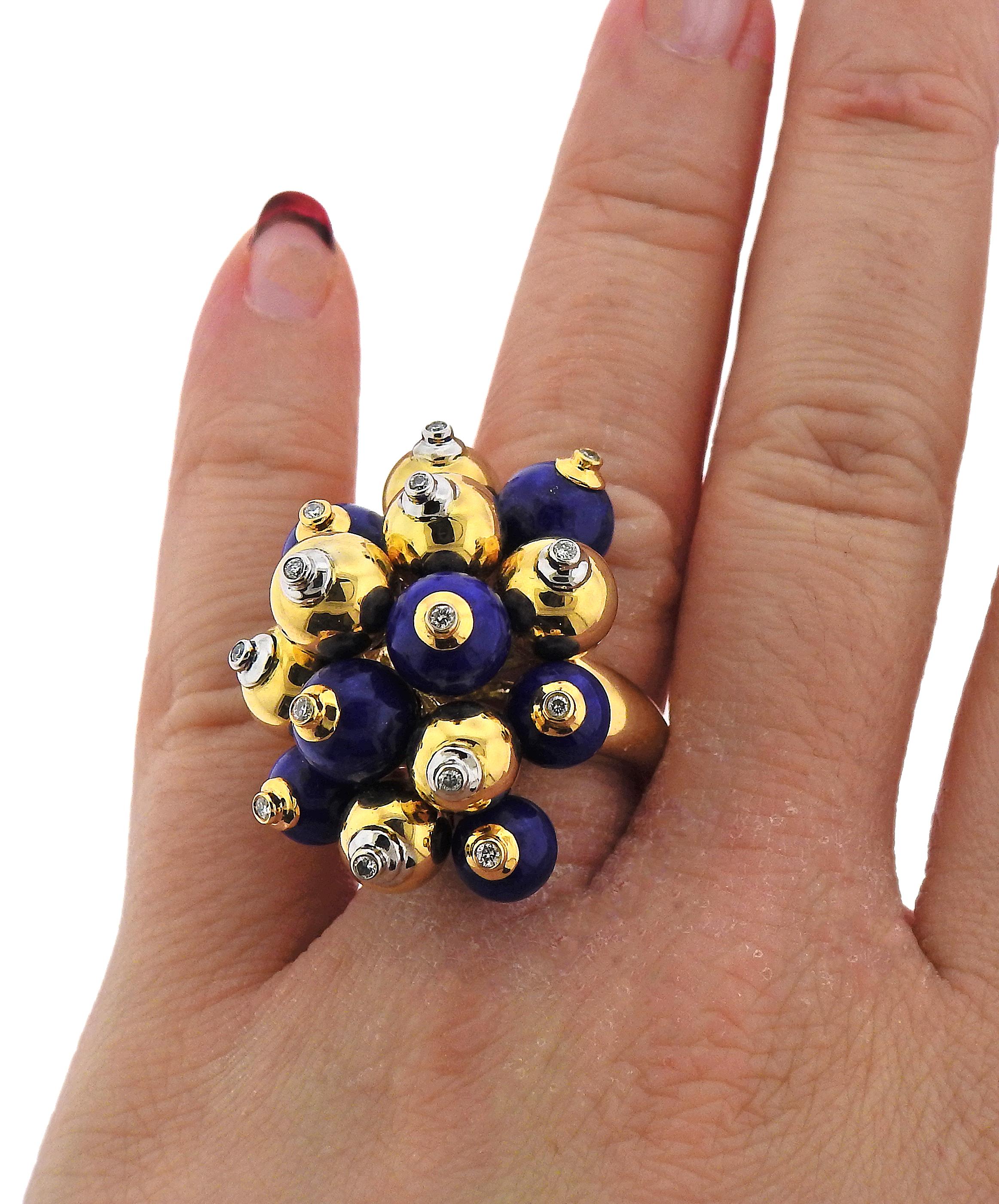 Unusual Lapis Lazuli Diamond Ball Gold Cocktail Ring In Excellent Condition For Sale In New York, NY