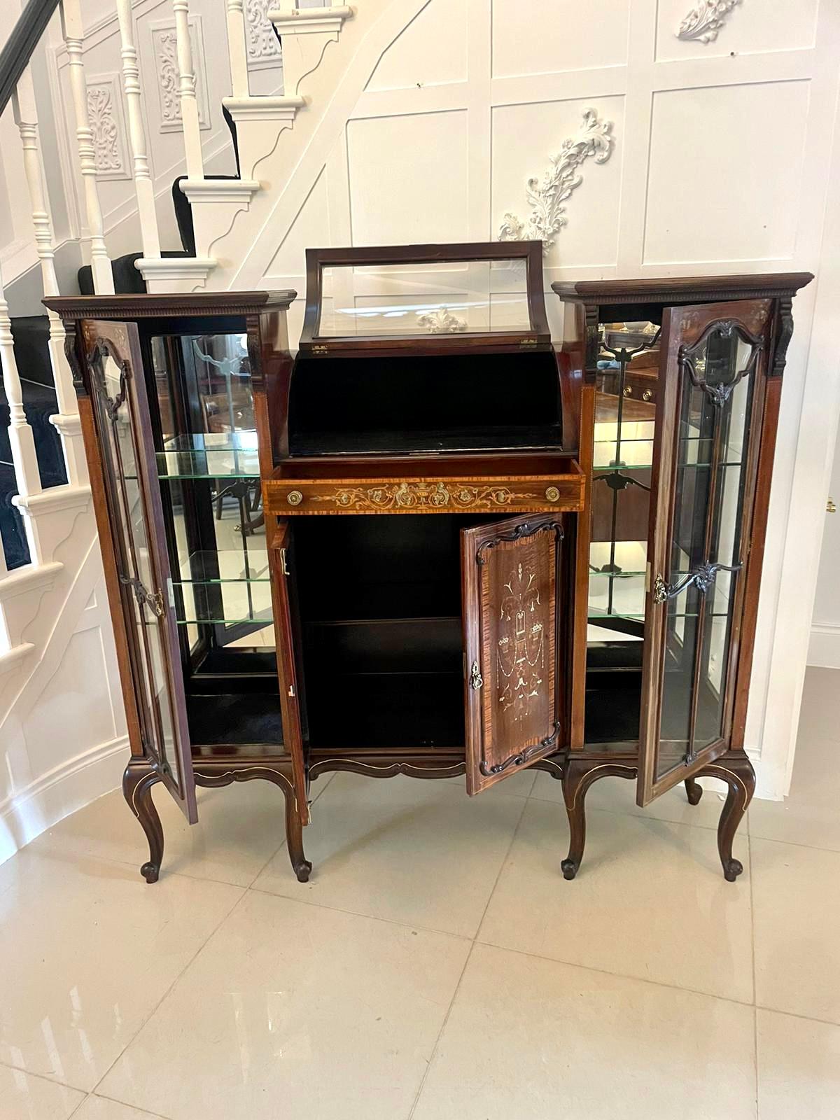 Unusual large Antique Victorian quality mahogany inlaid display cabinet 
having an unusual shaped glass lift up display cabinet flanked by two long glazed mahogany doors opening to reveal two glass shelves, inlaid single drawer with original brass