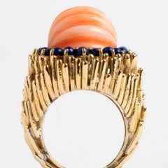 Unusual Large Coral Dress Ring with Lapis Lazuli Beads, 18K Yellow Gold Band