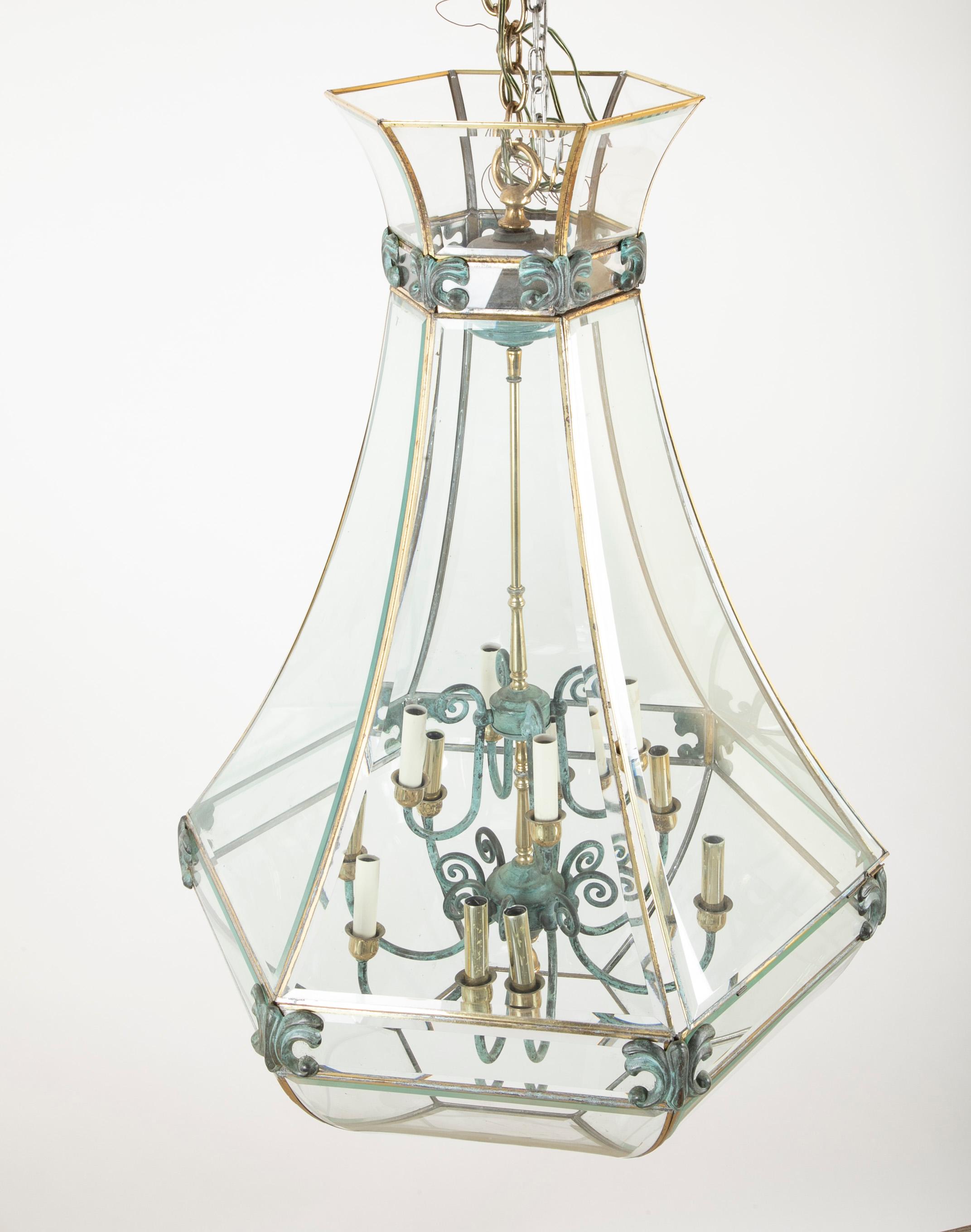 Unusual Large Hexagonal Shaped Bronze Lantern with Shaped Beveled Glass Panels For Sale 3