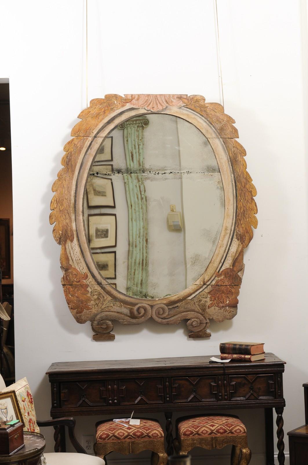Unusual Large Painted Early 18th Century Frame with Mirror, Italian In Fair Condition For Sale In Atlanta, GA