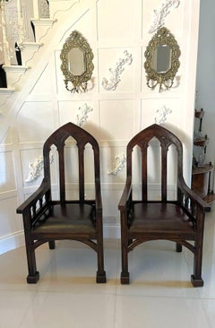 Unusual Large Pair of Antique Victorian Quality Oak Gothic Throne Armchairs