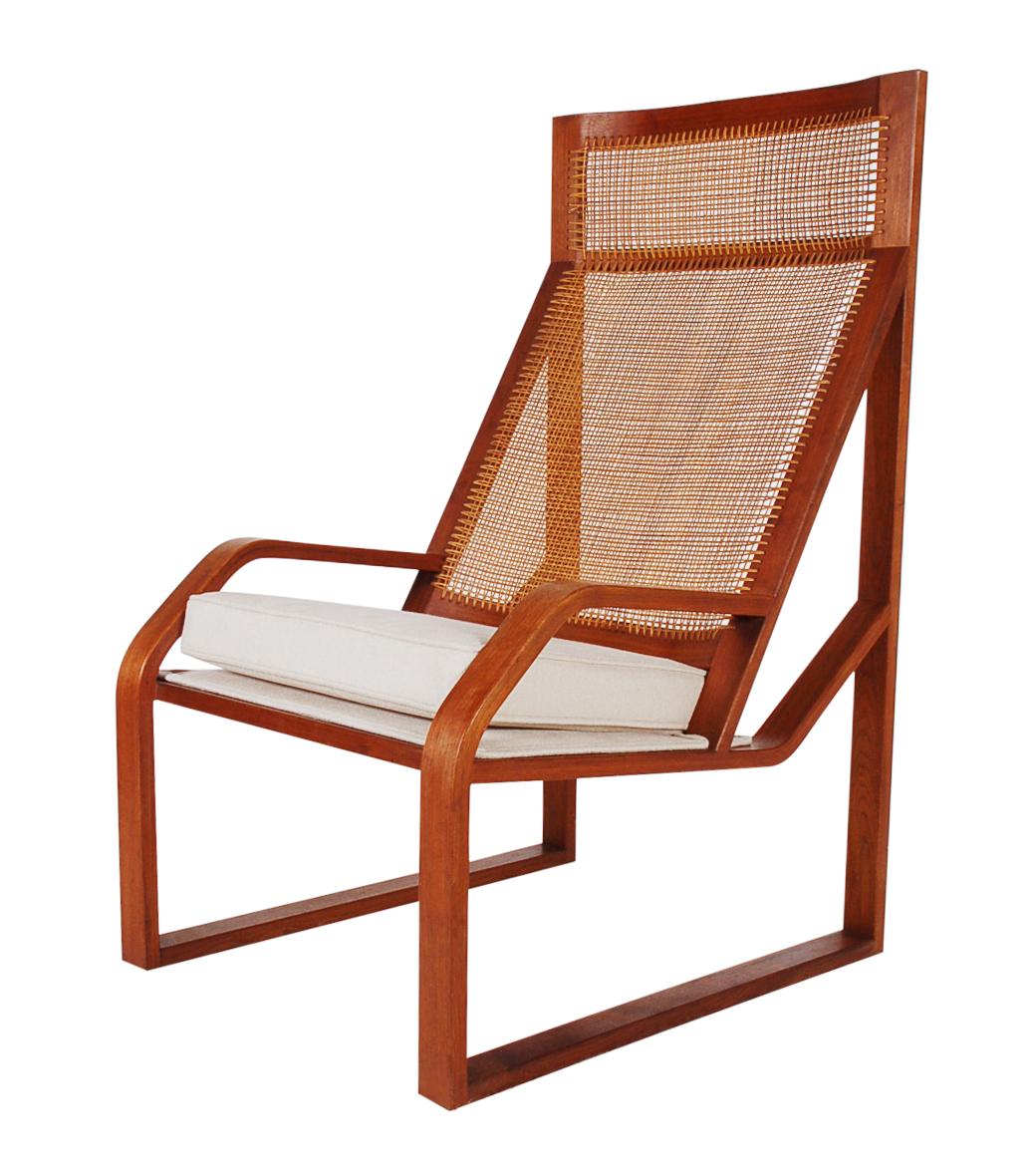 Fabric Unusual Large Scale Midcentury Danish Modern Cane and Teak Lounge Chair Armchair