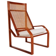 Unusual Large Scale Midcentury Danish Modern Cane and Teak Lounge Chair Armchair