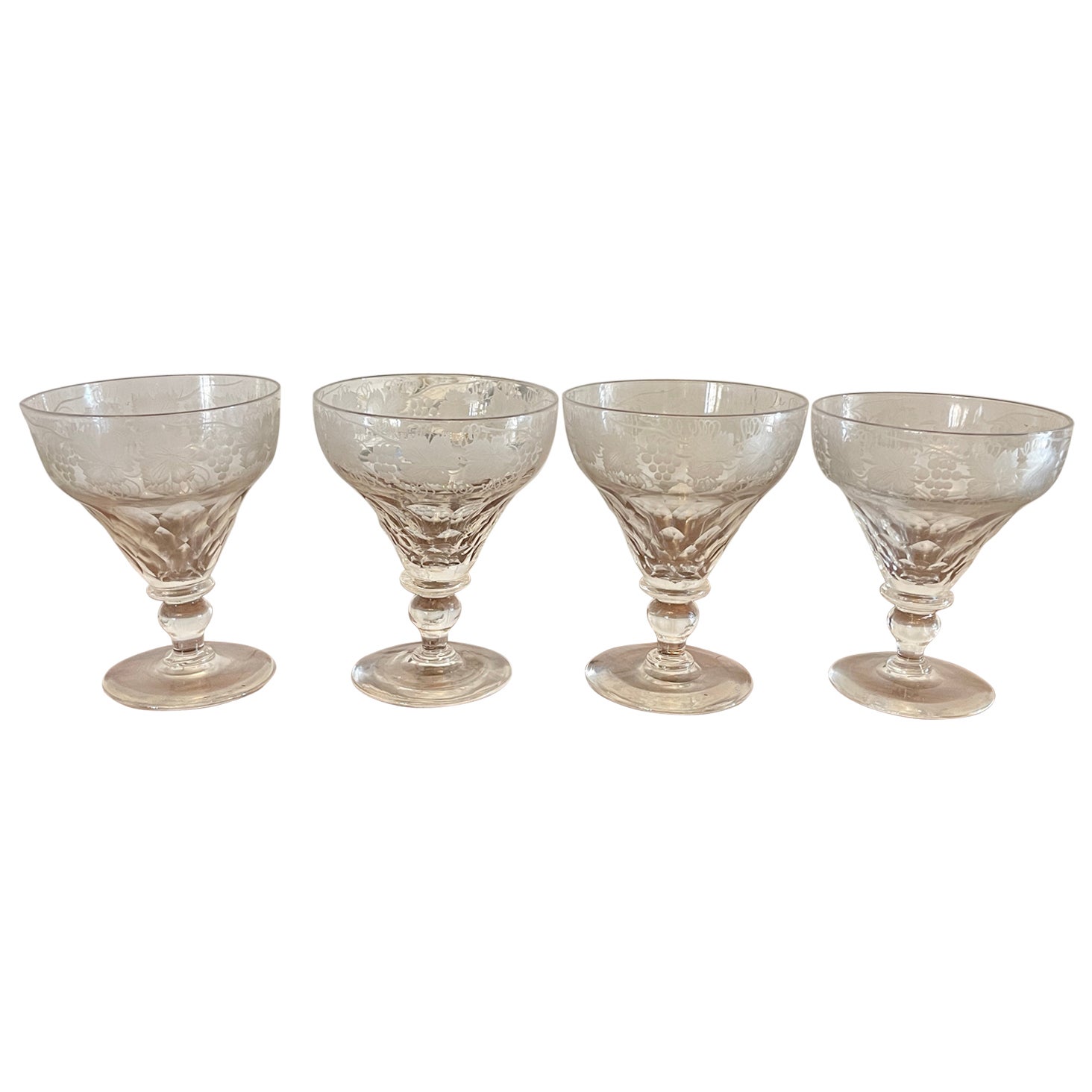 Unusual Large Set of 4 Antique Victorian Quality Engraved Glasses For Sale
