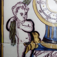 Unusual Late 18th Century Dutch Polychrome Tile Picture of a Clock