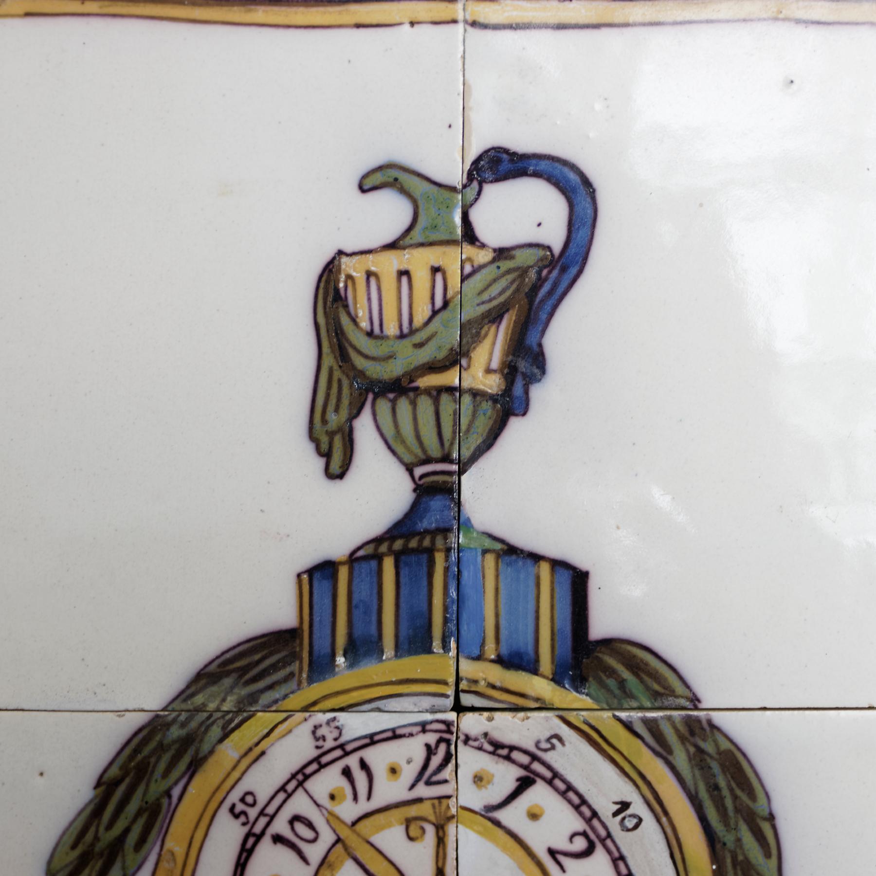 Neoclassical Unusual Late 18th Century Dutch Polychrome Tile Picture of a Clock For Sale