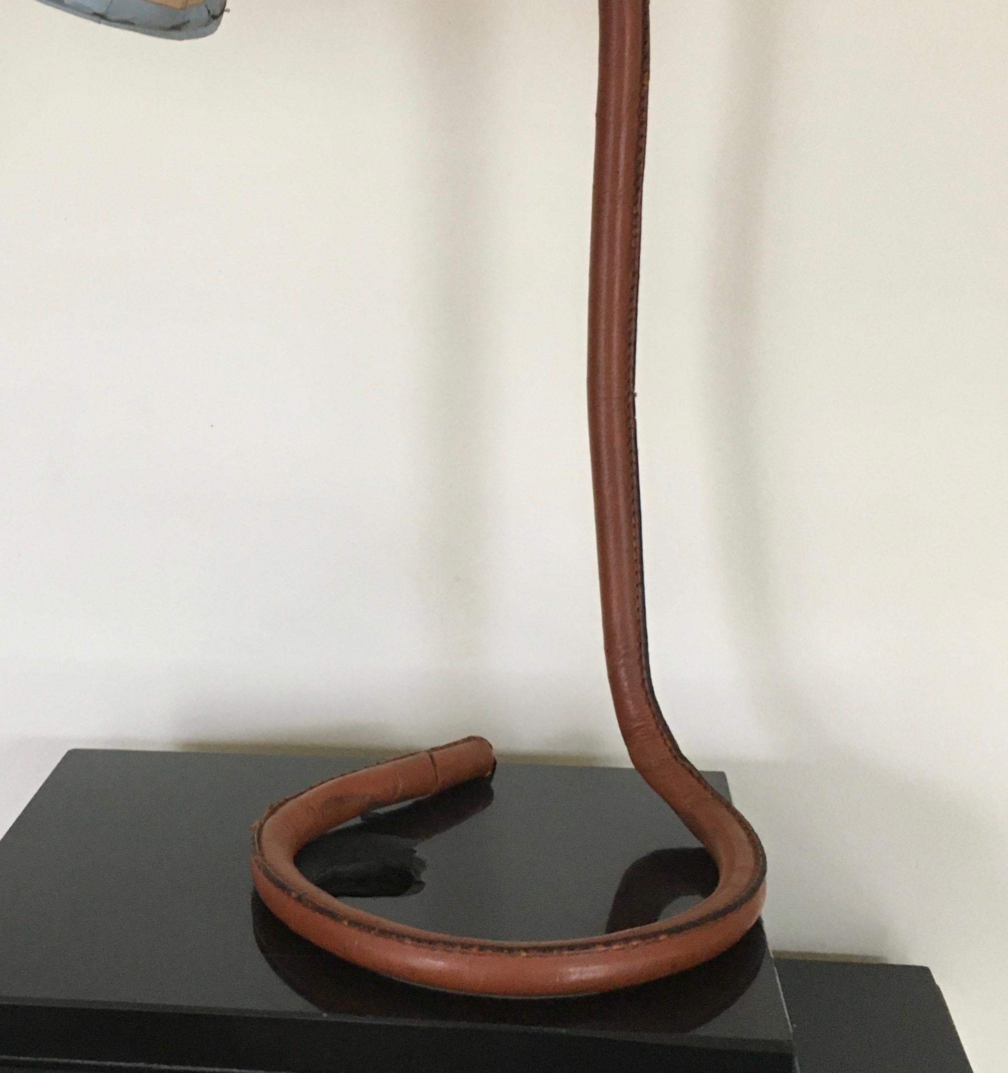 Mid-Century Modern Unusual Leather Snake Desk Lamp by Jacques Adnet, France, 1950