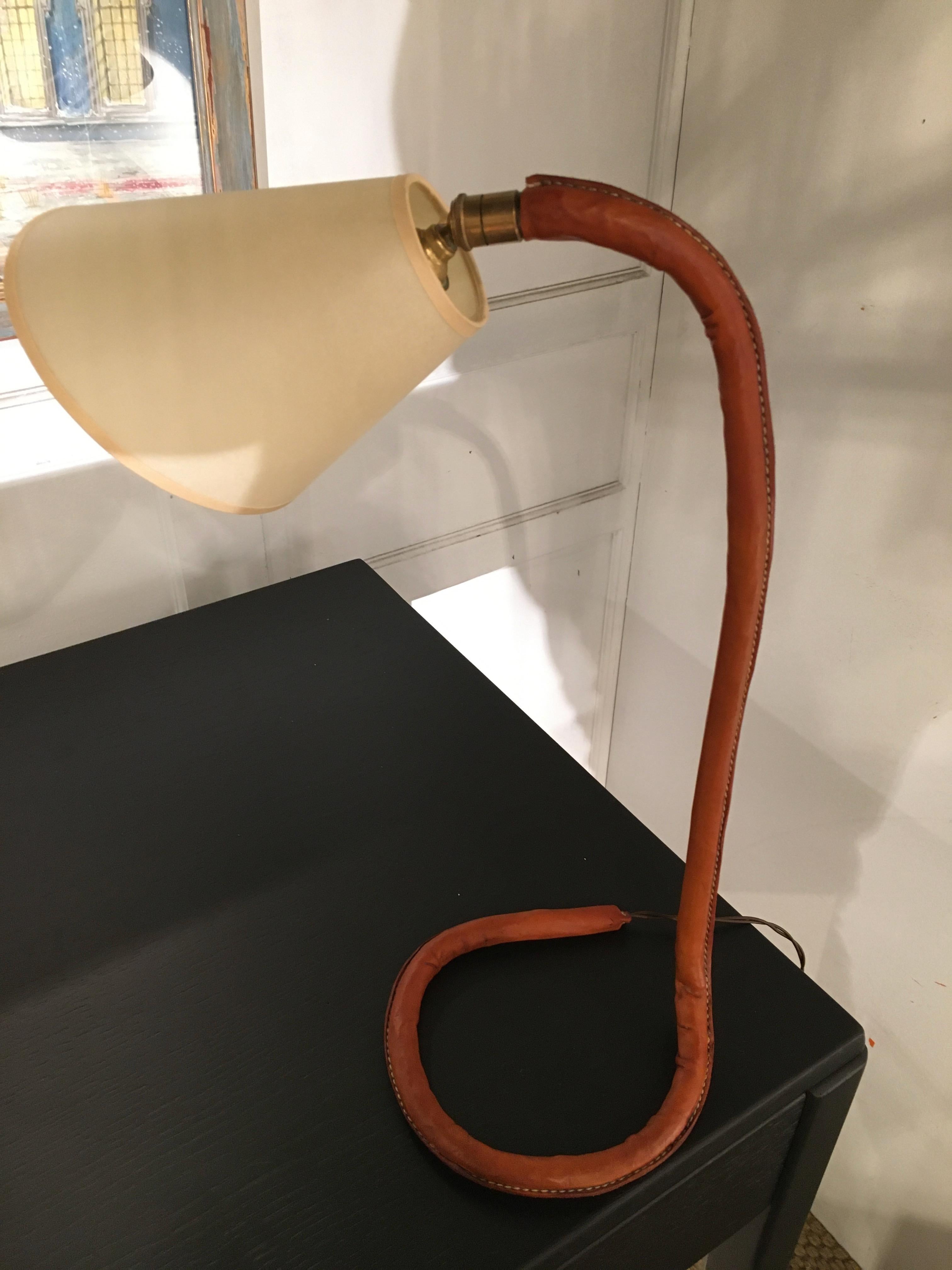 Mid-20th Century Unusual Leather Snake Desk Lamp by Jacques Adnet, France, 1950