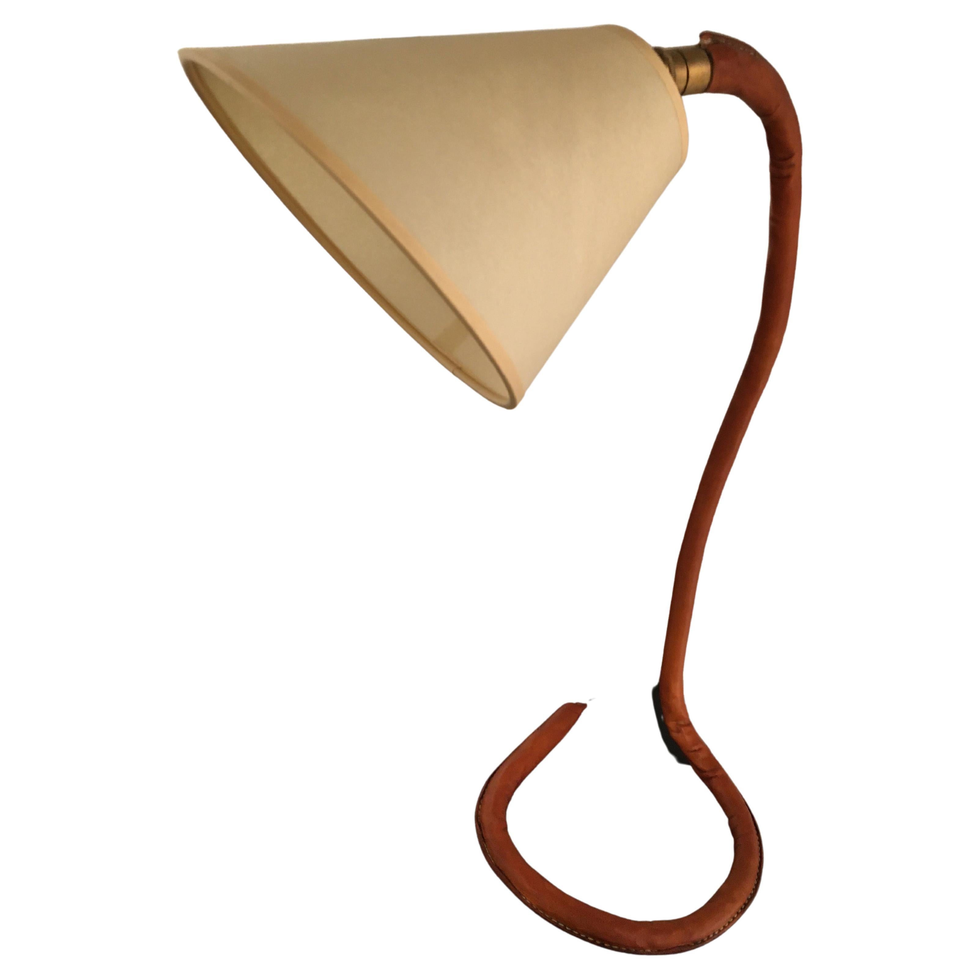 Unusual Leather Snake Desk Lamp by Jacques Adnet, France, 1950