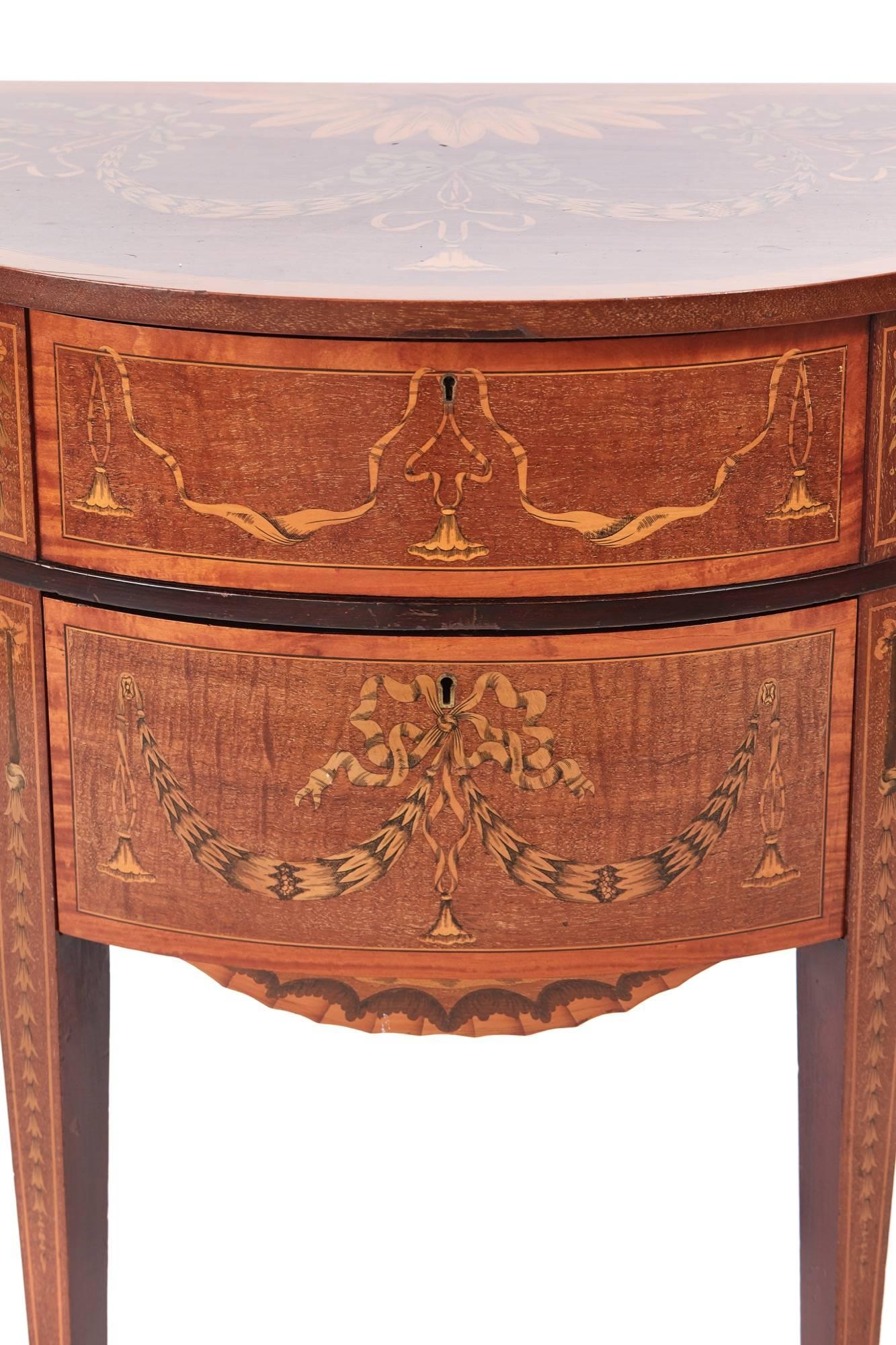 Inlay Unusual Mahogany Inlaid Edwardian Demilune Side Table For Sale