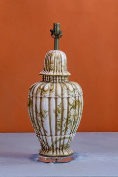 Unusual Majestic Chinese Ginger Jar with Olive and White Pattern as Lamp