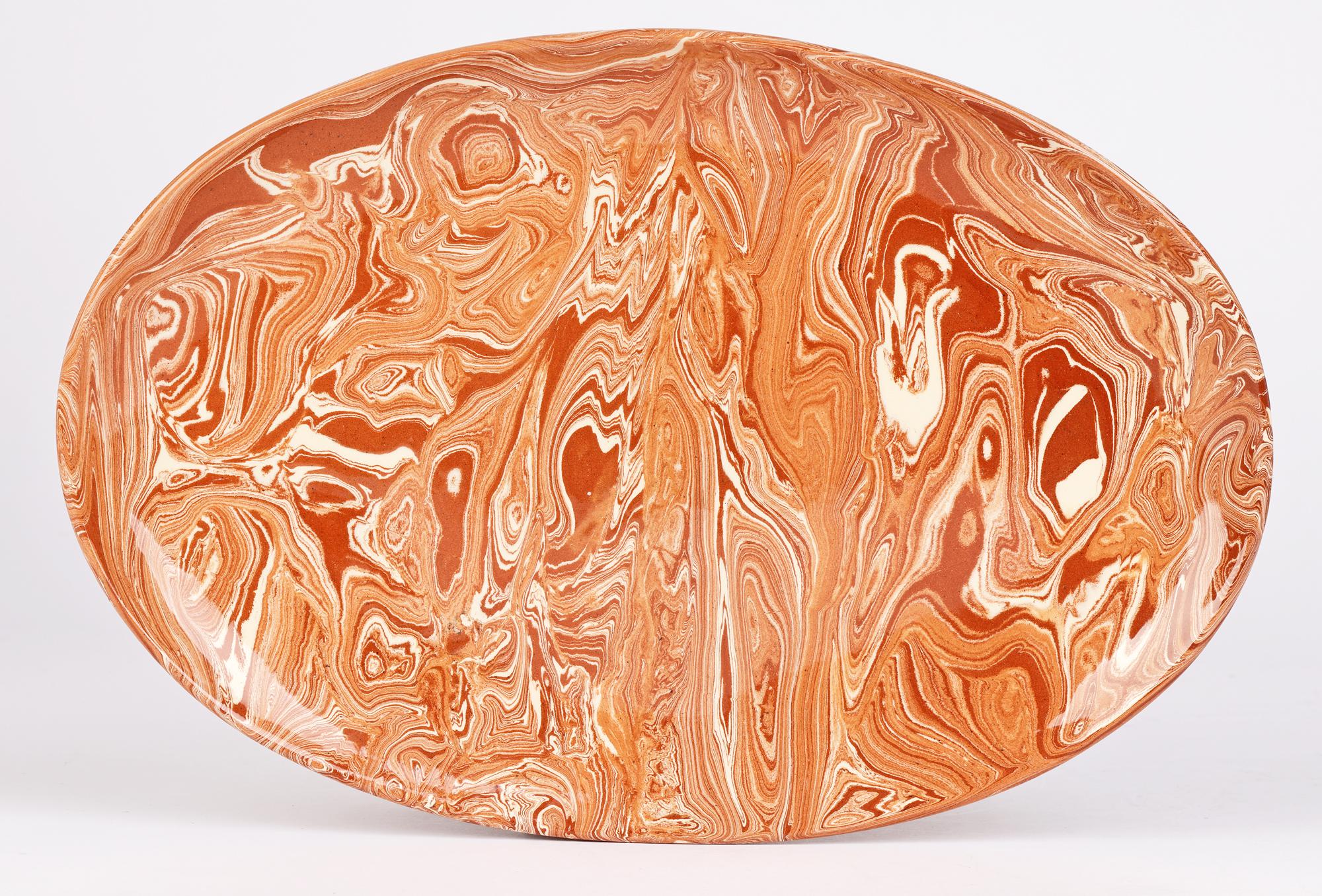 Unusual Marble Patterned Slip Glazed Terracotta Serving Dish 7