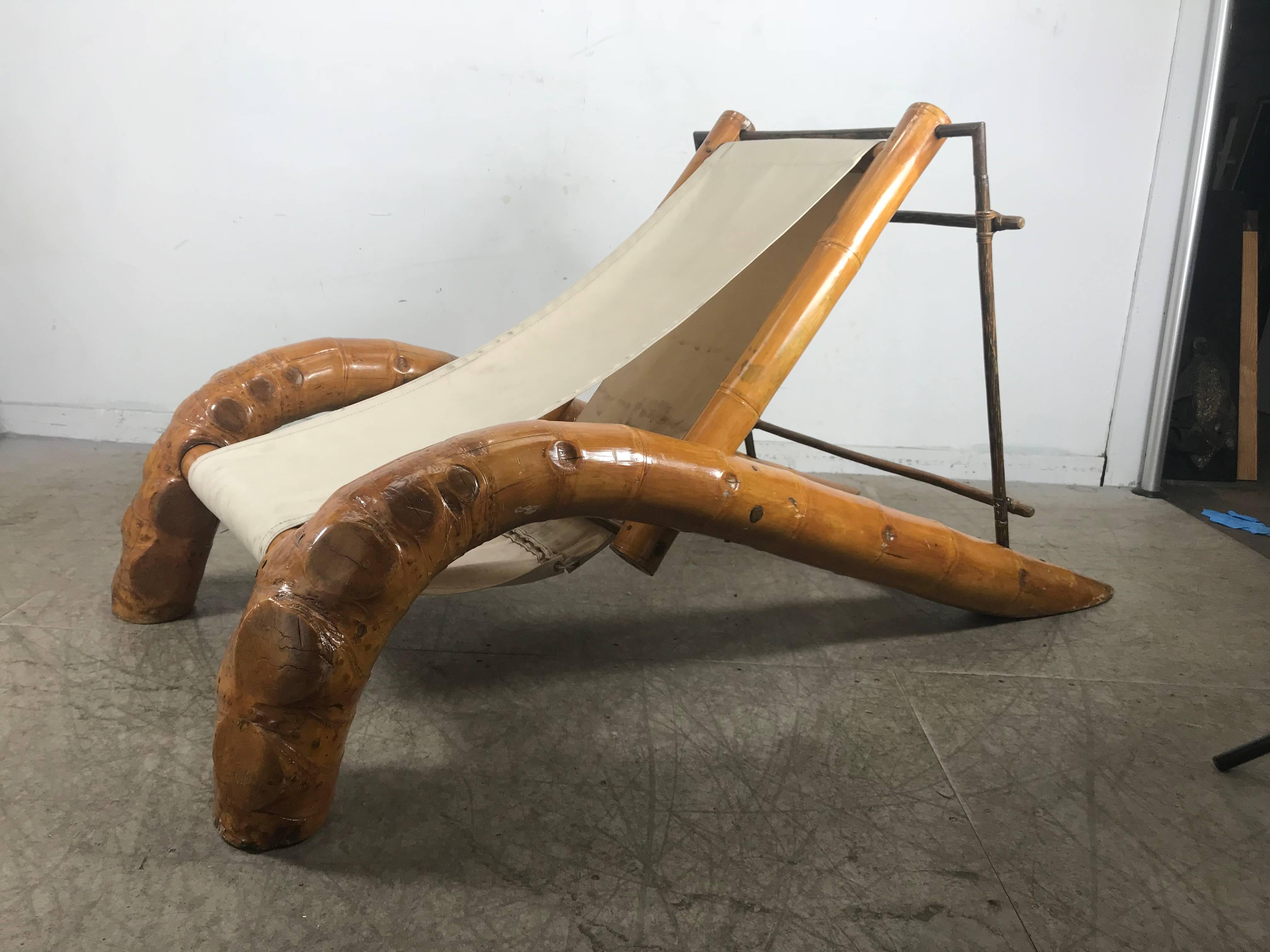 Hand-Crafted Unusual Massive Bamboo Root Chaise Sling Lounge Chair, Modernist