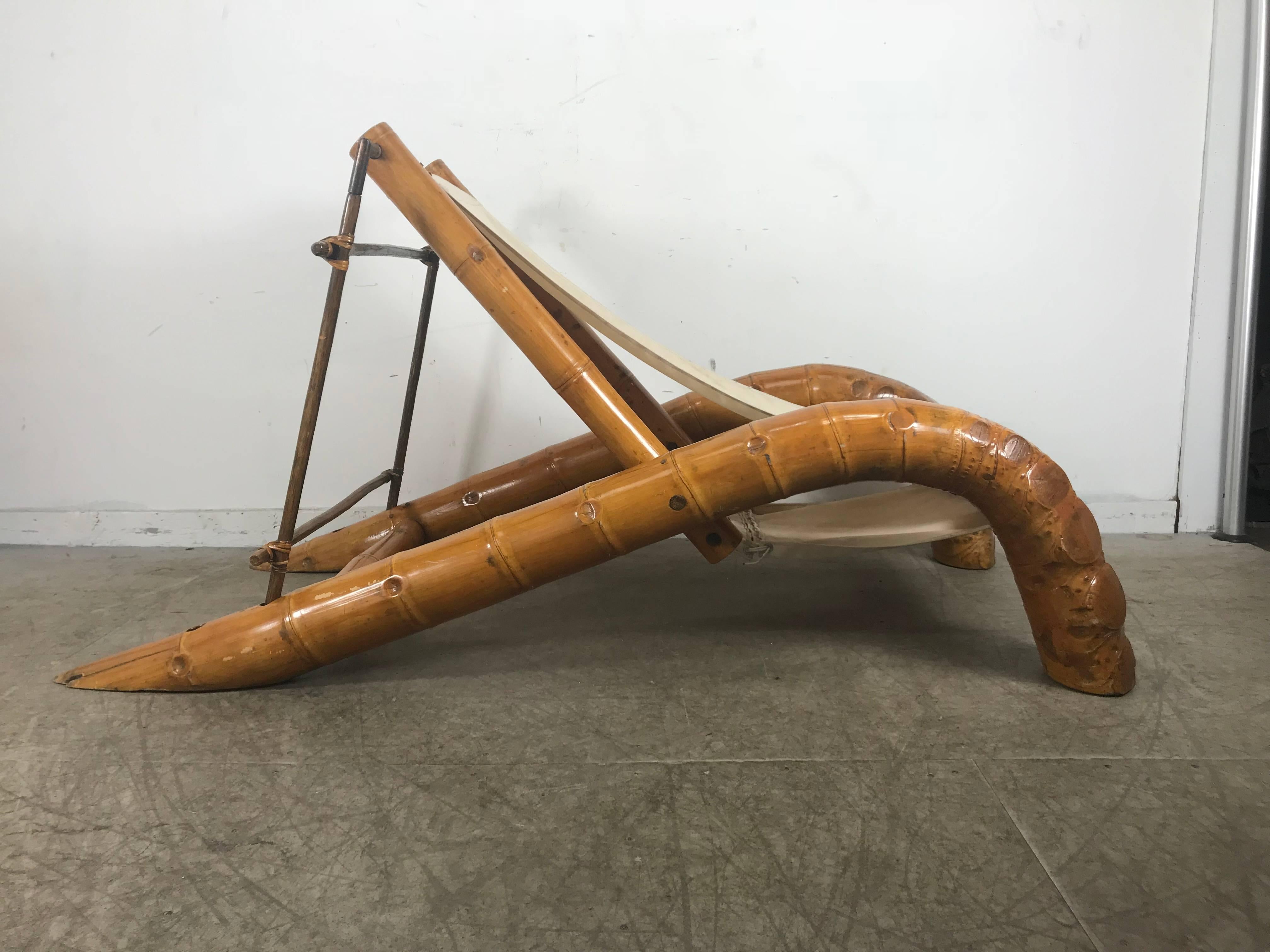 Unusual Massive Bamboo Root Chaise Sling Lounge Chair, Modernist In Good Condition In Buffalo, NY