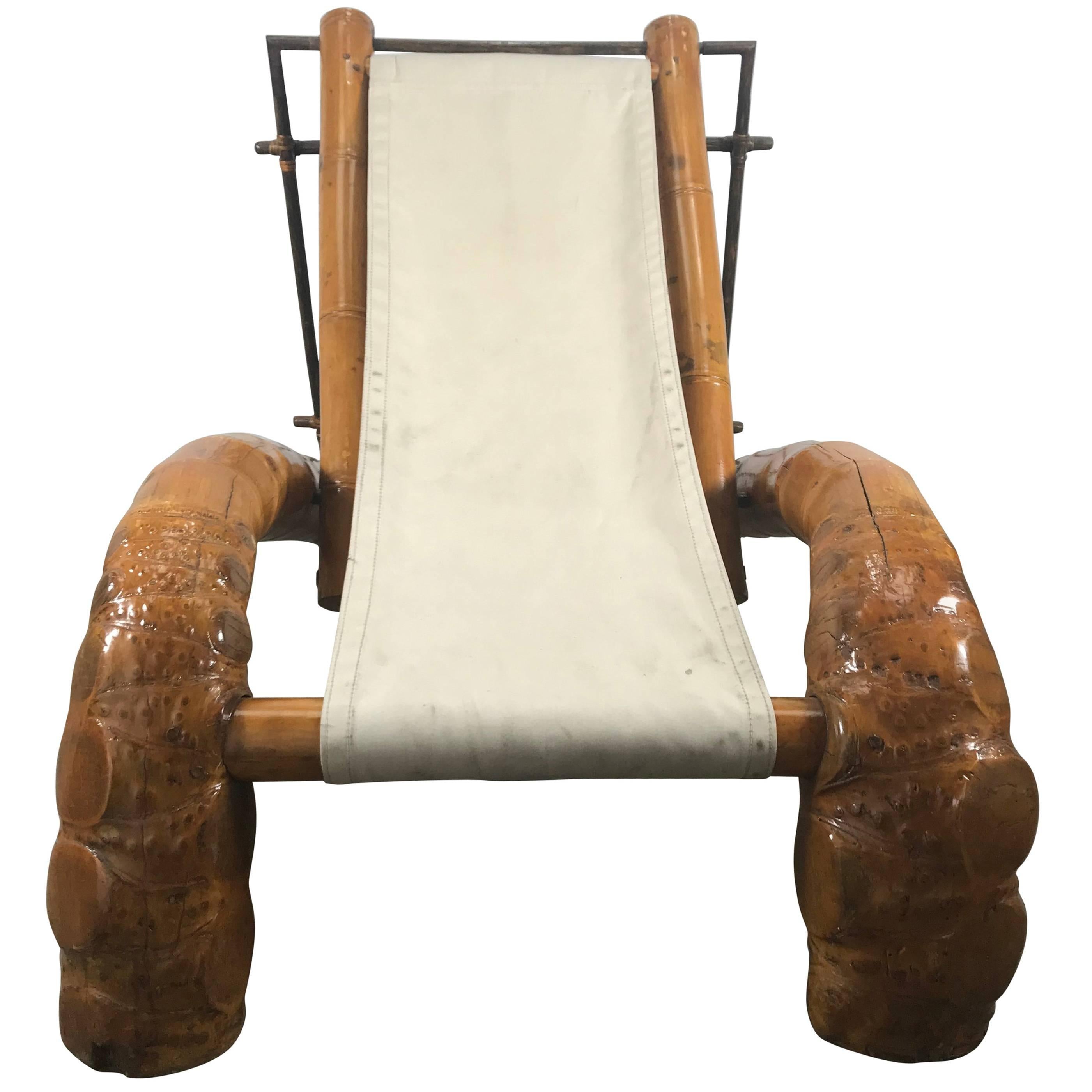 Unusual Massive Bamboo Root Chaise Sling Lounge Chair, Modernist