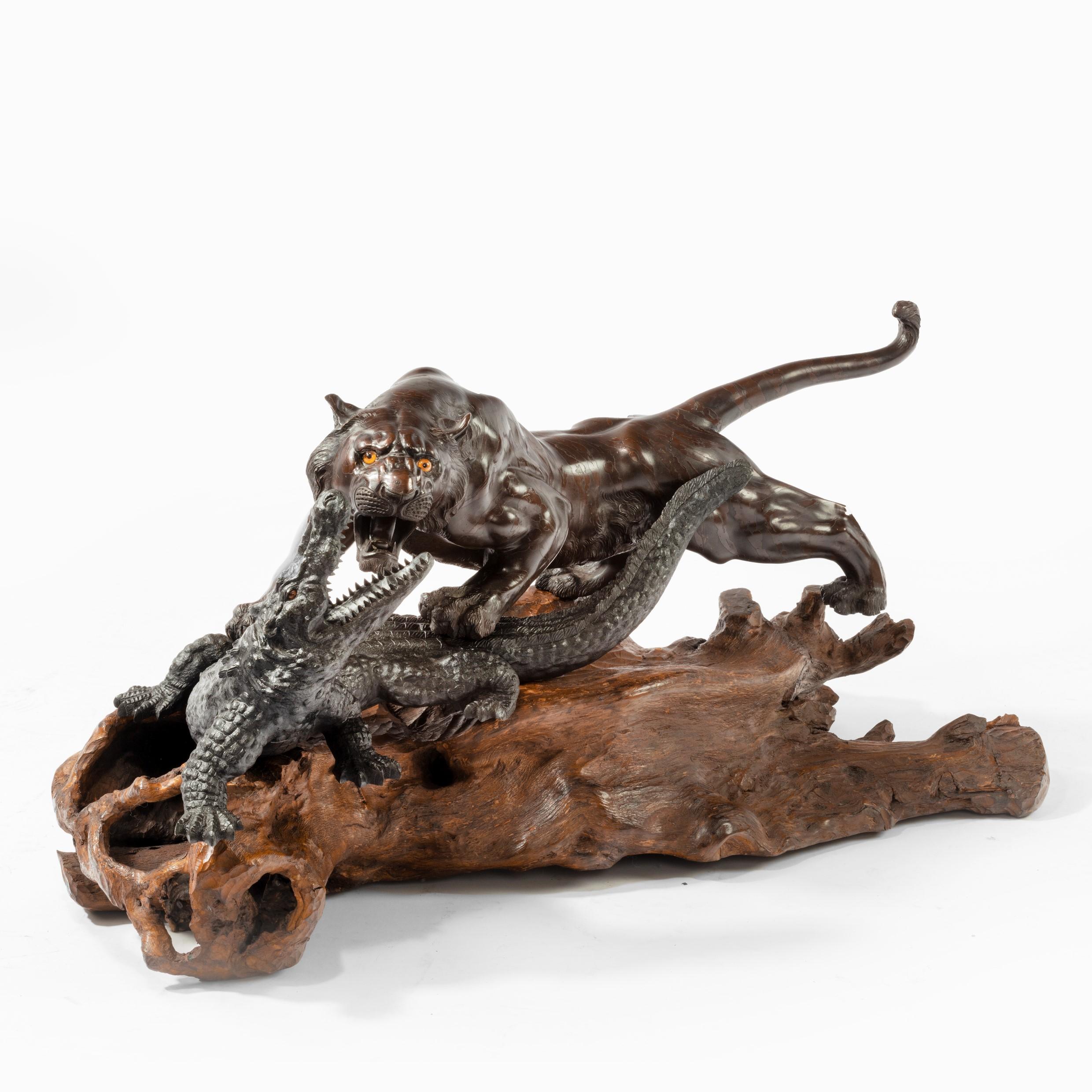 Japanese Unusual Meiji Period Bronze of a Tiger and an Alligator by Genryusai Seiya