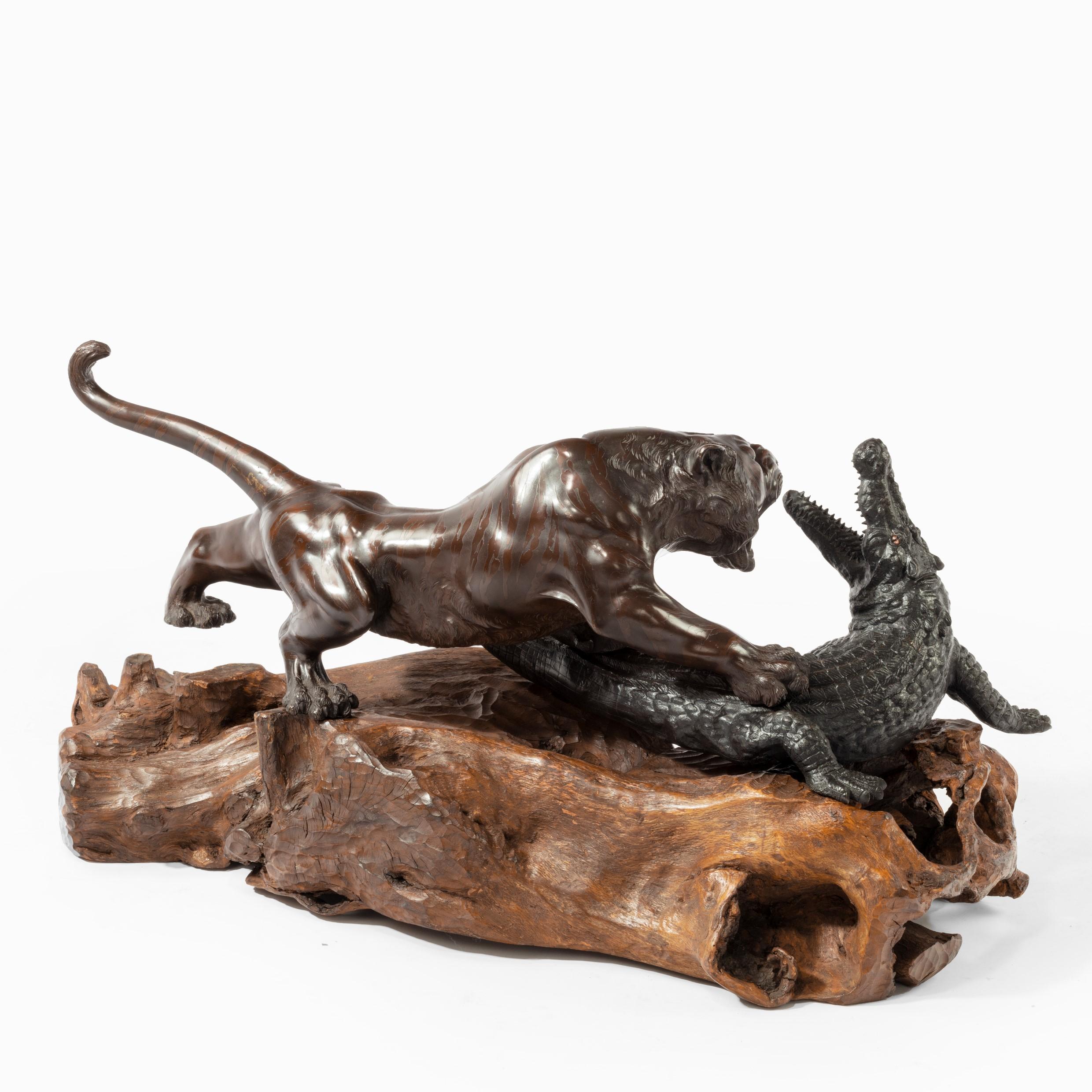 Late 19th Century Unusual Meiji Period Bronze of a Tiger and an Alligator by Genryusai Seiya