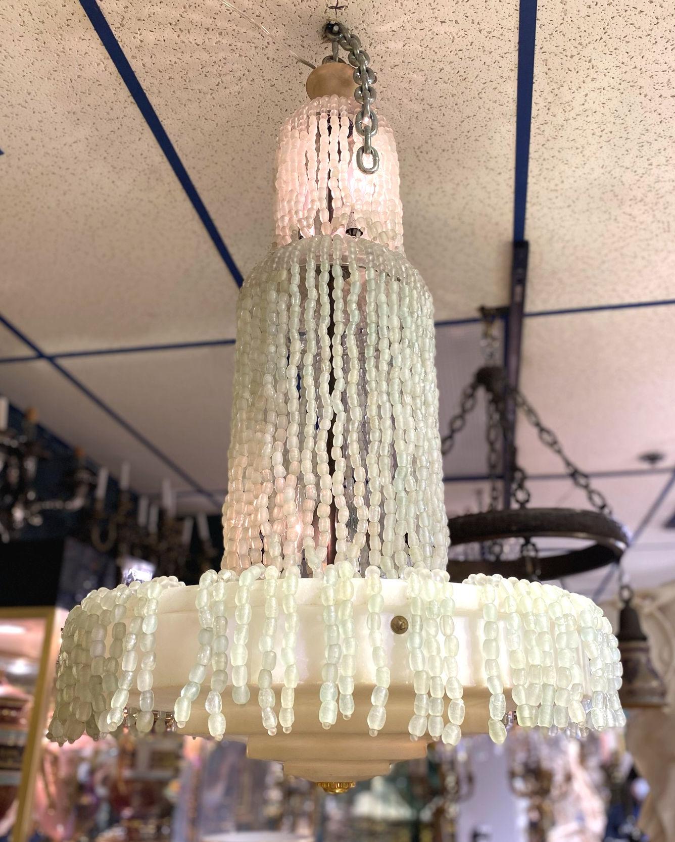 French Unusual Mid-Century Alabaster Cascade Form Beaded Chandelier For Sale