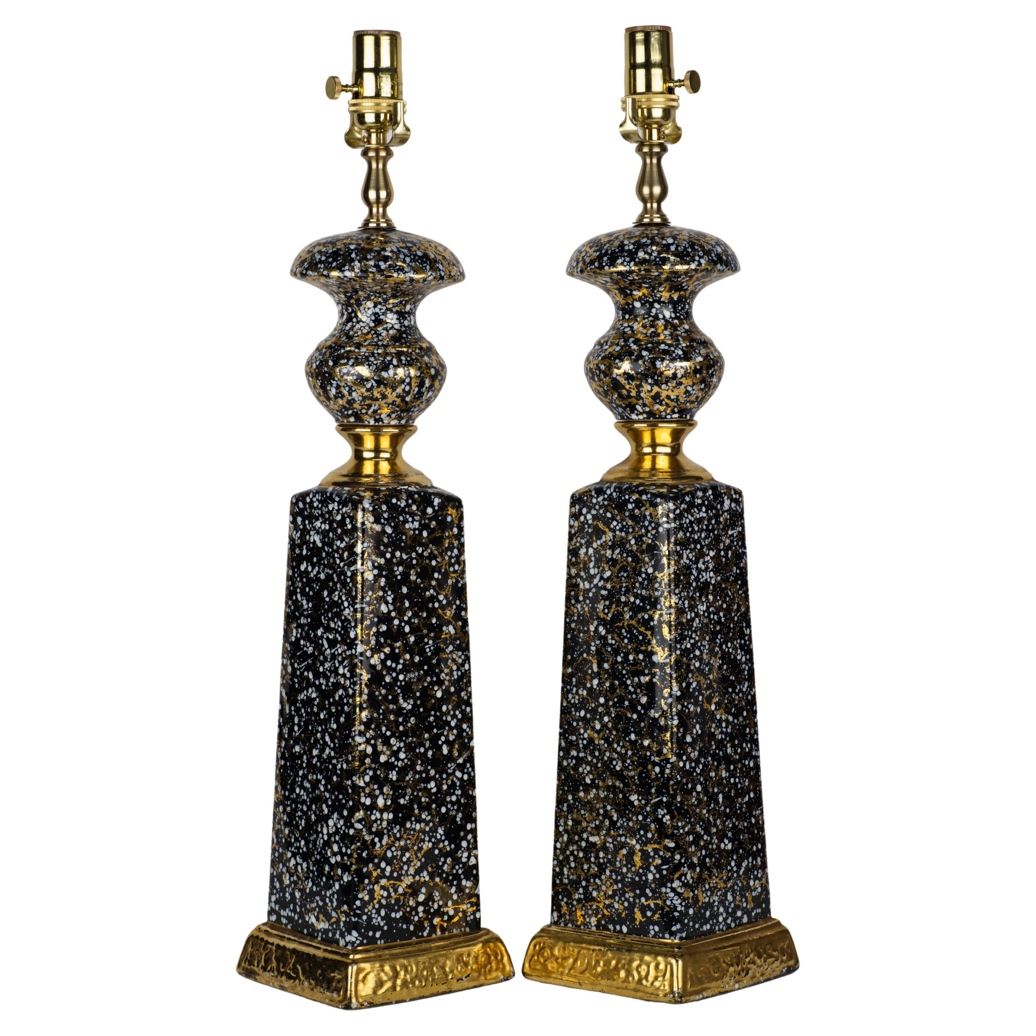Mid Century Modern Pair of Baluster Gold Splatter Ceramic Table Lamps