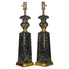 Mid Century Modern Pair of Baluster Gold Splatter Ceramic Table Lamps
