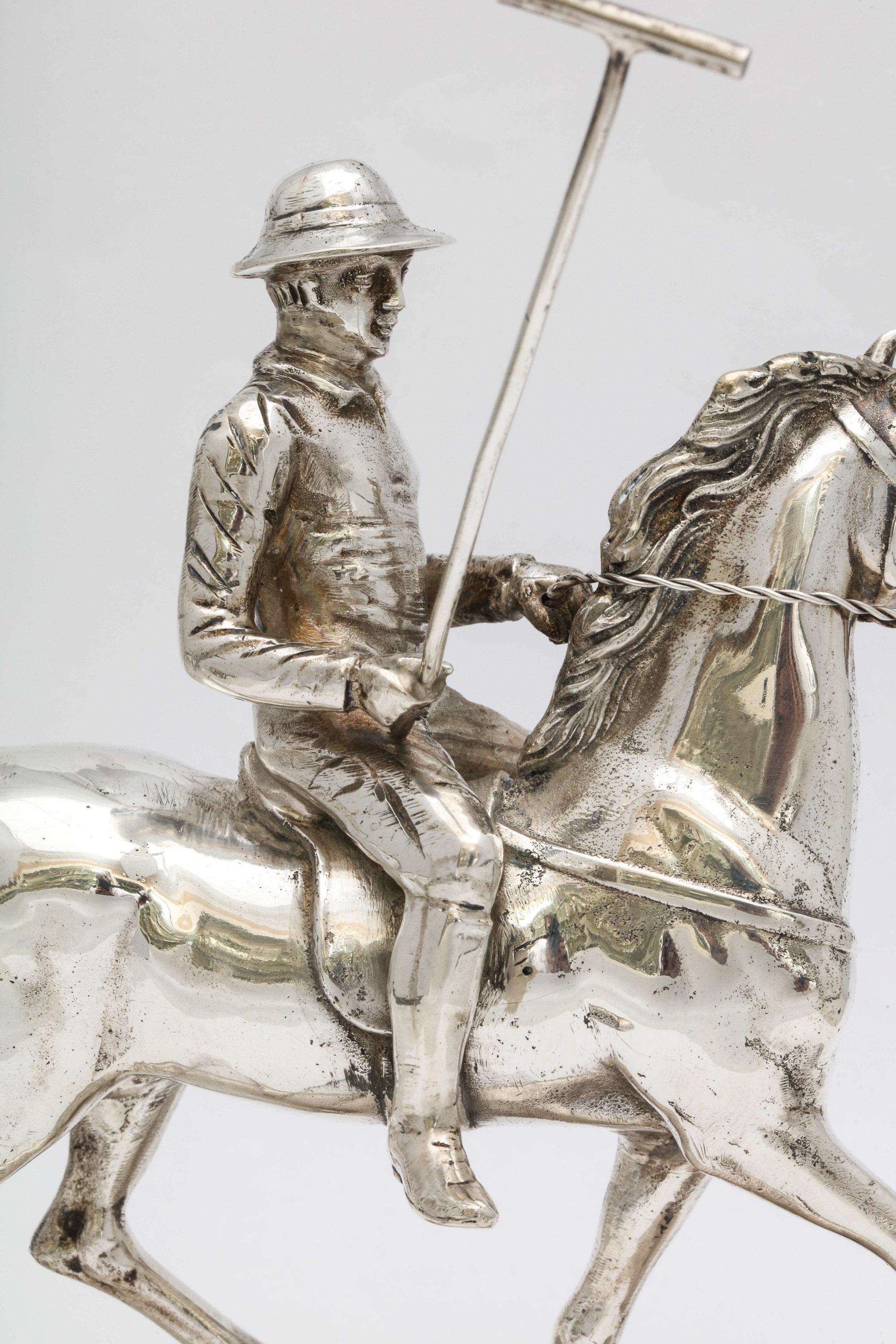 Unusual Mid-Century Modern Sterling Silver Statuette of a Polo Player on a Horse In Good Condition In New York, NY