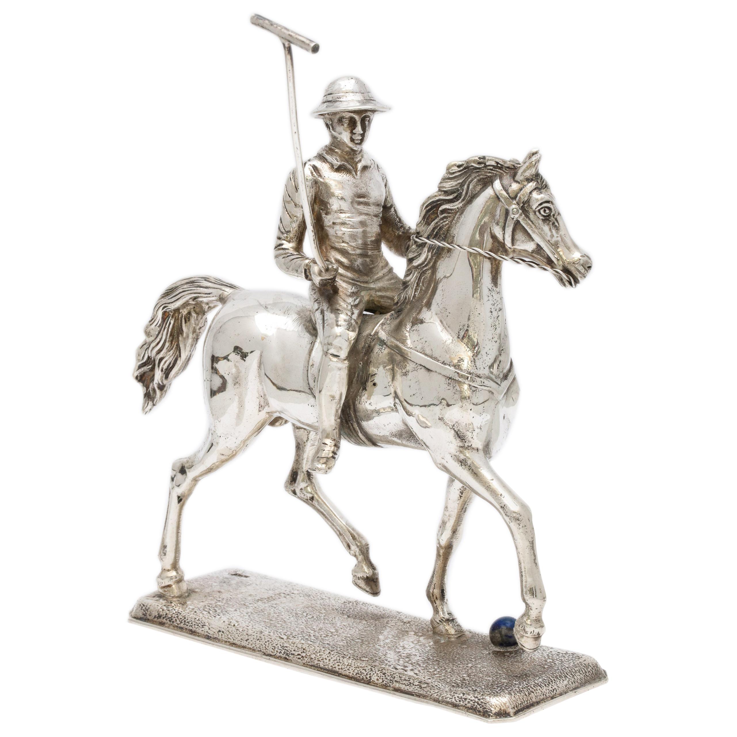 Unusual Mid-Century Modern Sterling Silver Statuette of a Polo Player on a Horse