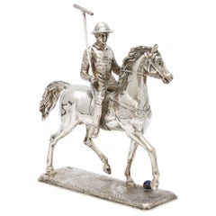Unusual Mid-Century Modern Sterling Silver Statuette of a Polo Player on a Horse