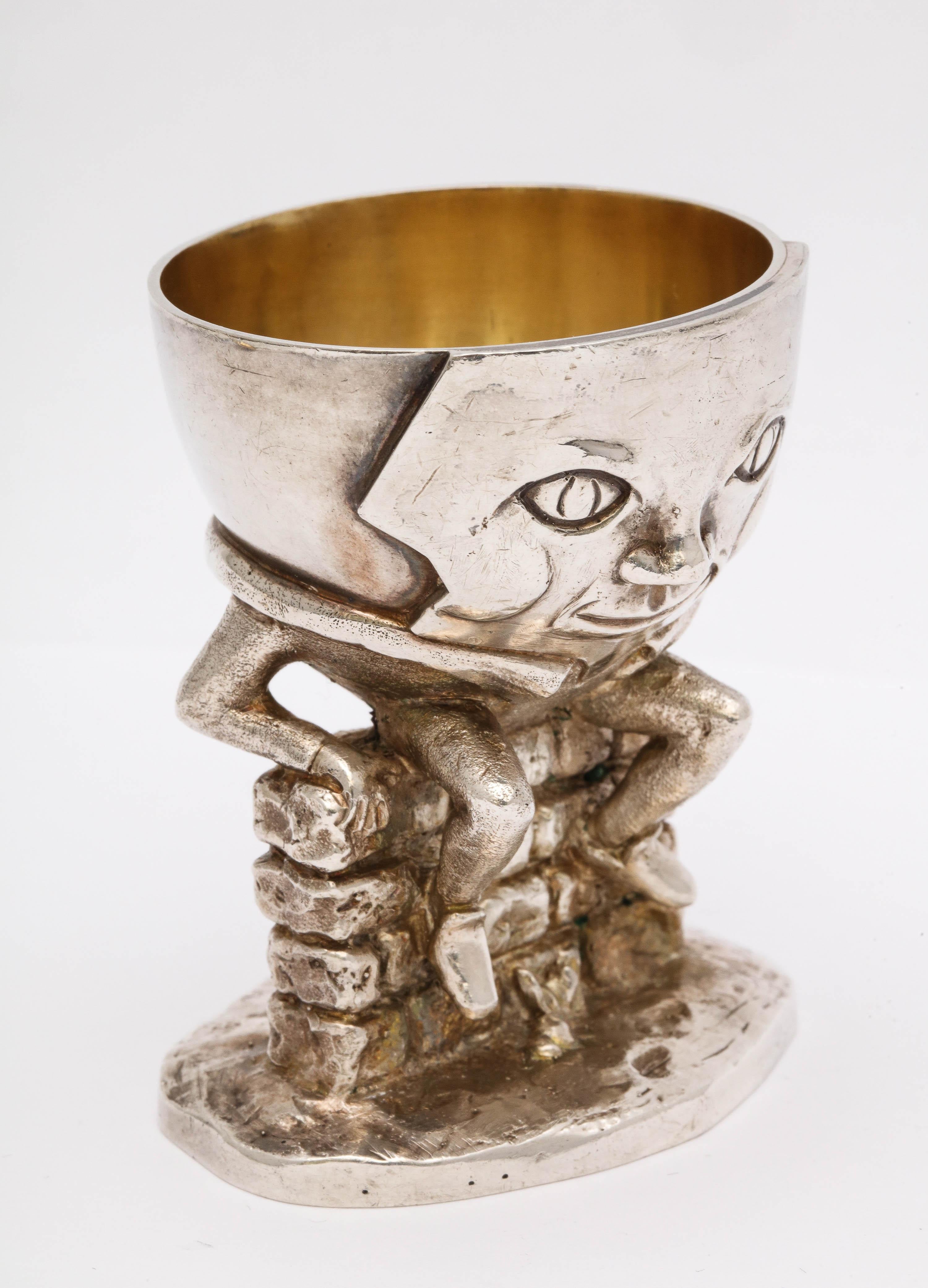 Unusual Midcentury Sterling Silver Humpty Dumpty Egg Cup and Matching Spoon 1