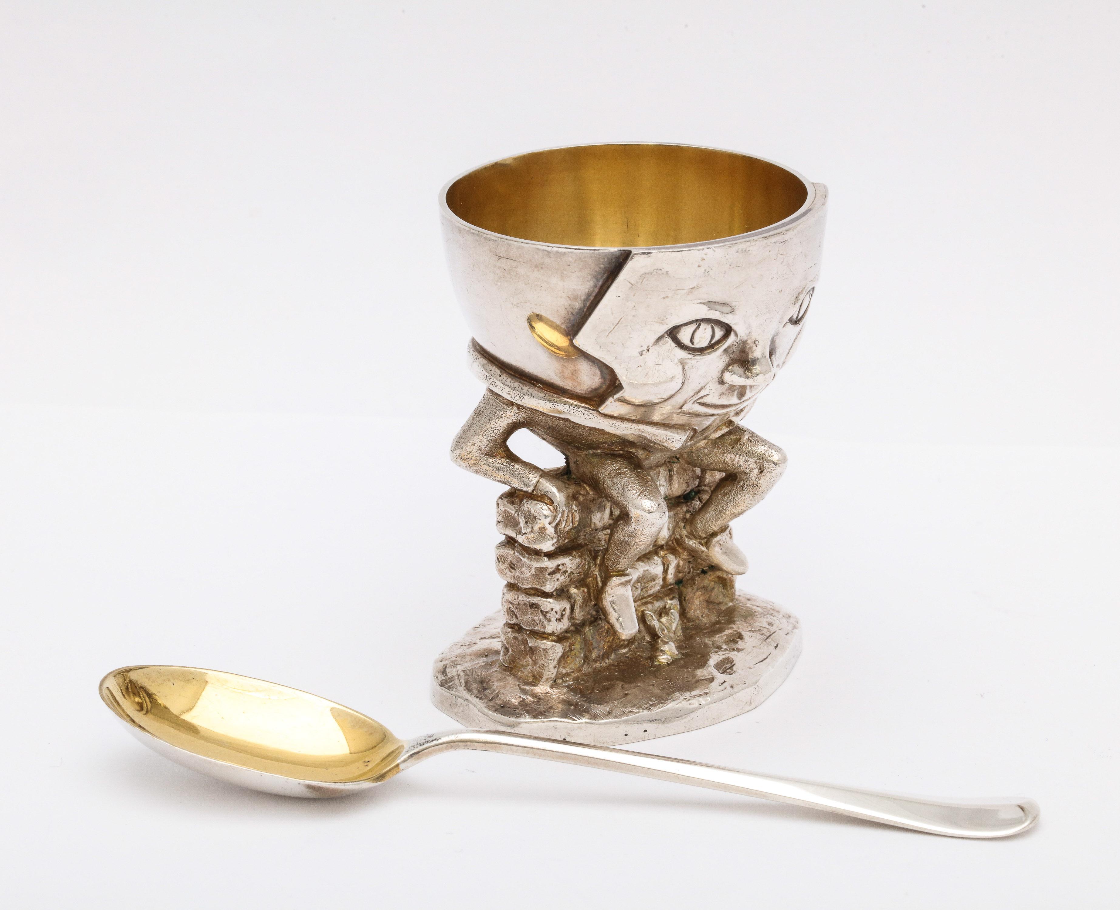 Unusual Midcentury Sterling Silver Humpty Dumpty Egg Cup and Matching Spoon 1