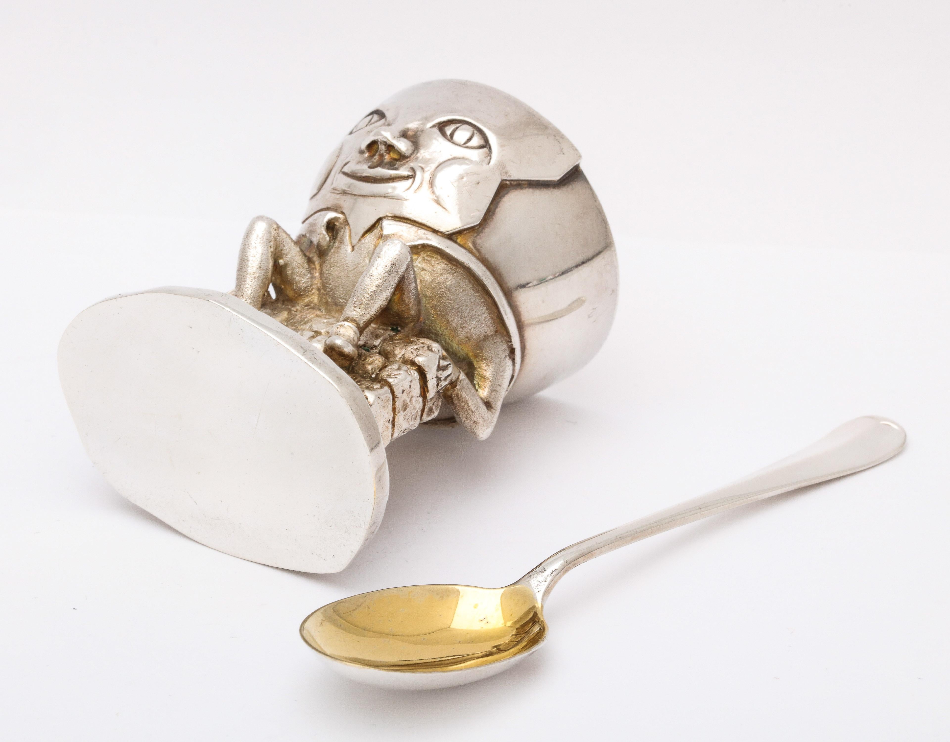 Unusual Midcentury Sterling Silver Humpty Dumpty Egg Cup and Matching Spoon 3