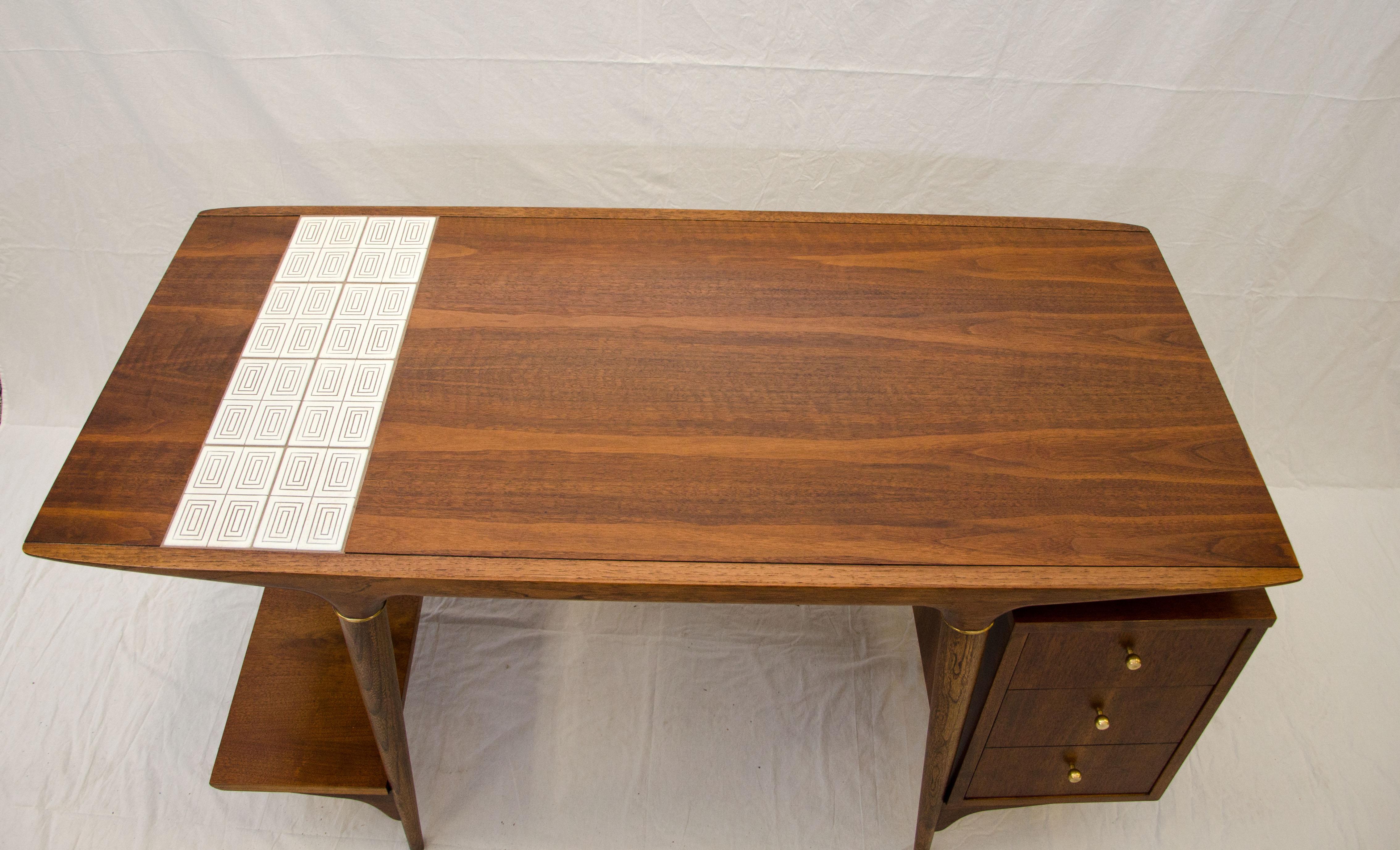 Mid-Century Modern Unusual Mid Century Desk by Lane, with Floating Drawer Cabinet & Tile Insert