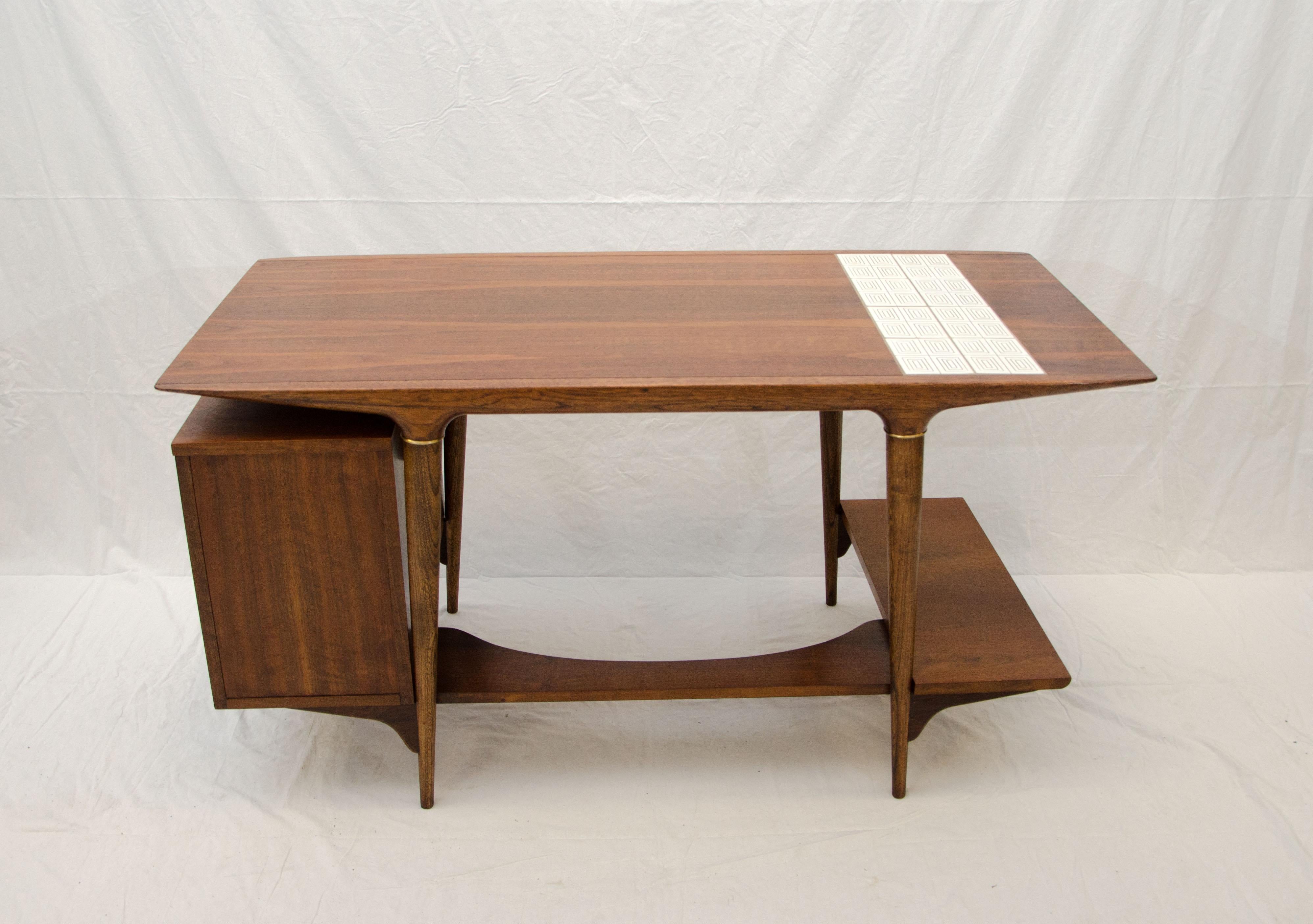 Unusual Mid Century Desk by Lane, with Floating Drawer Cabinet & Tile Insert In Good Condition In Crockett, CA