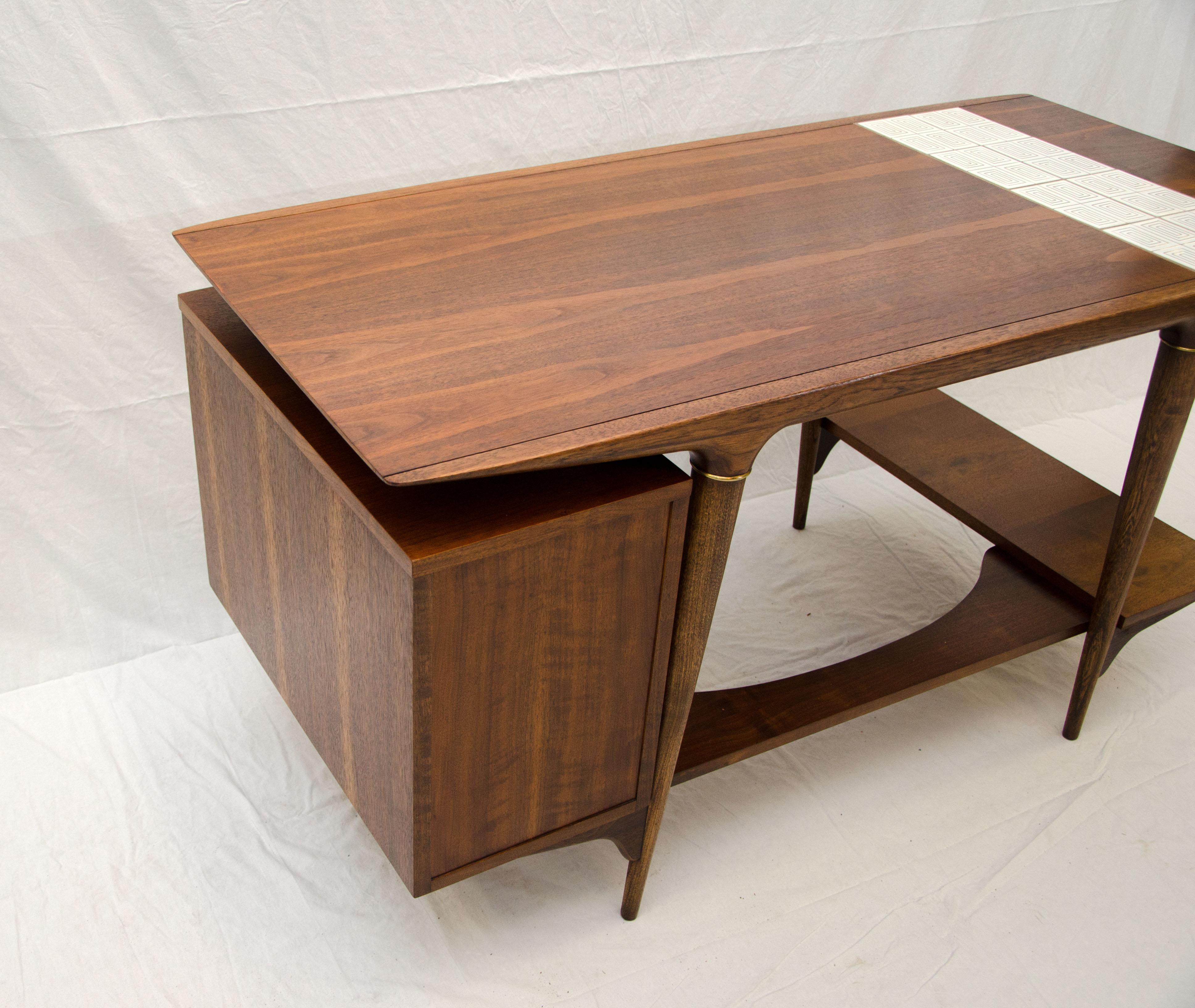20th Century Unusual Mid Century Desk by Lane, with Floating Drawer Cabinet & Tile Insert