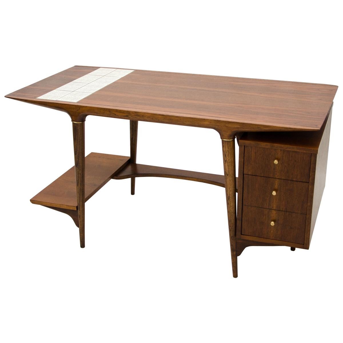 Unusual Mid Century Desk by Lane, with Floating Drawer Cabinet & Tile Insert
