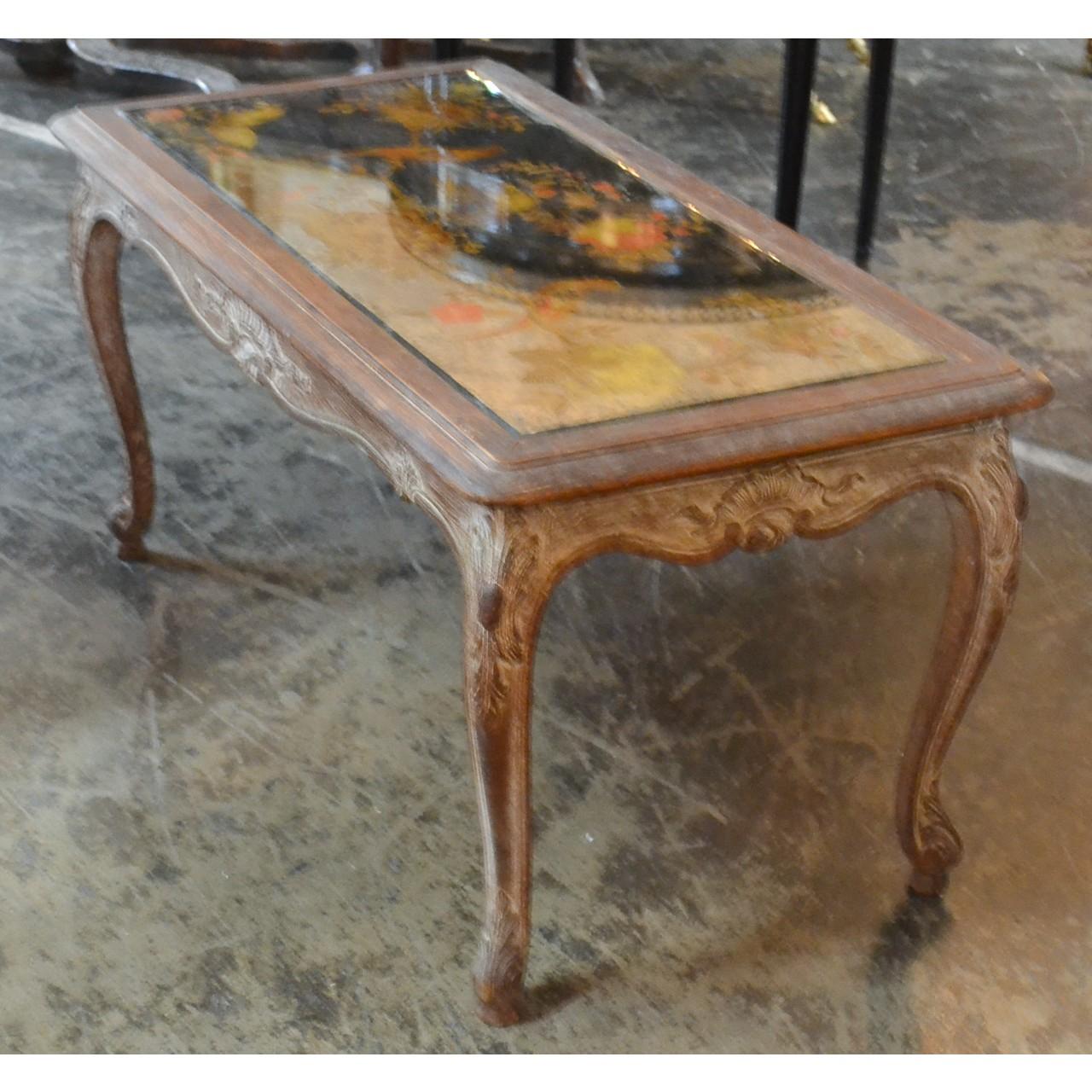 Hand-Painted Unusual Midcentury French Oak Low Table or Coffee Table