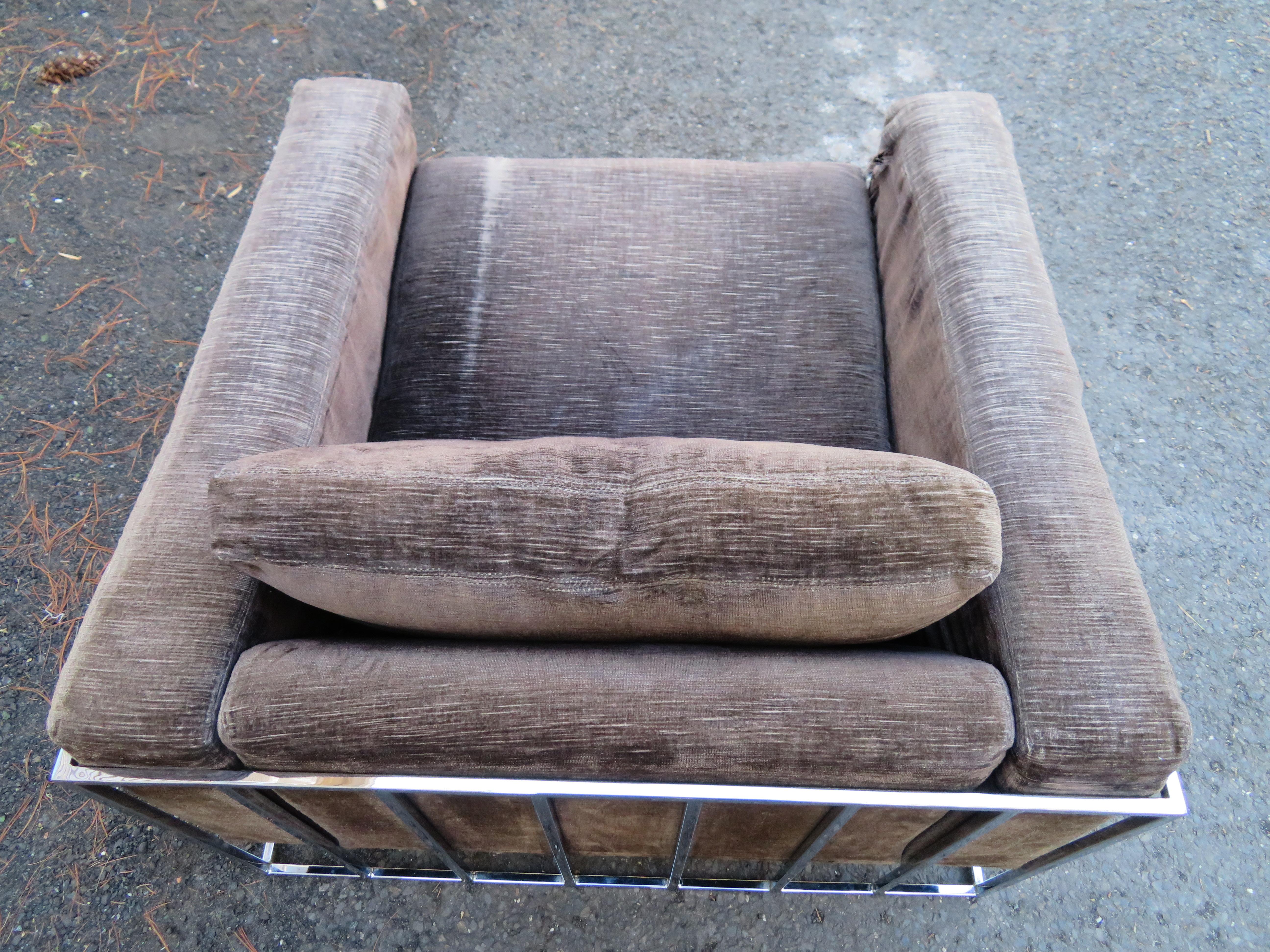 Américain Milo Baughman fauteuil de salon à cage cubique chromé mi-siècle moderne et inhabituel en vente