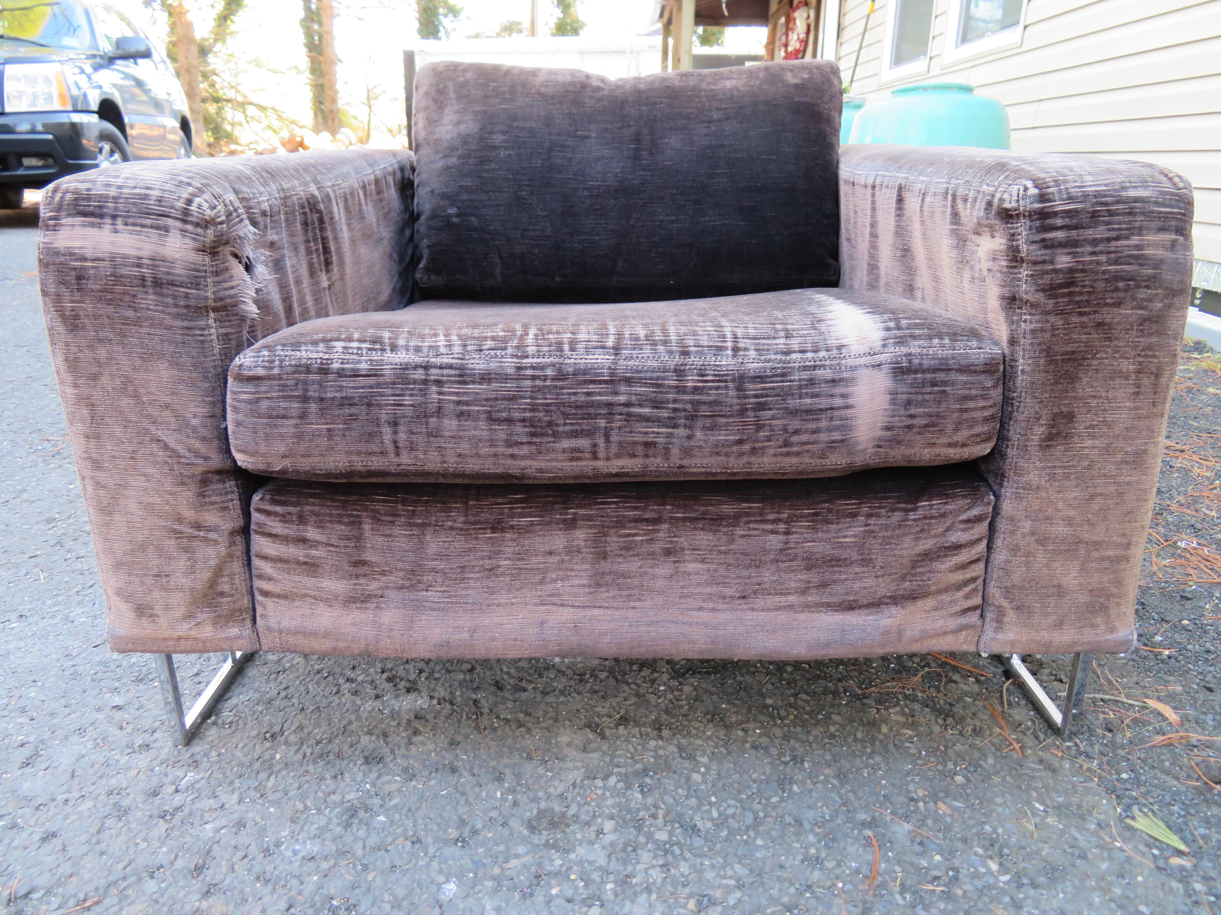 Tissu d'ameublement Milo Baughman fauteuil de salon à cage cubique chromé mi-siècle moderne et inhabituel en vente