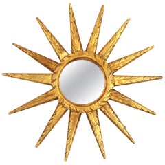 Unusual Mini Sized Carved Giltwood Sunburst or Starburst Mirror, Spain, 1960s