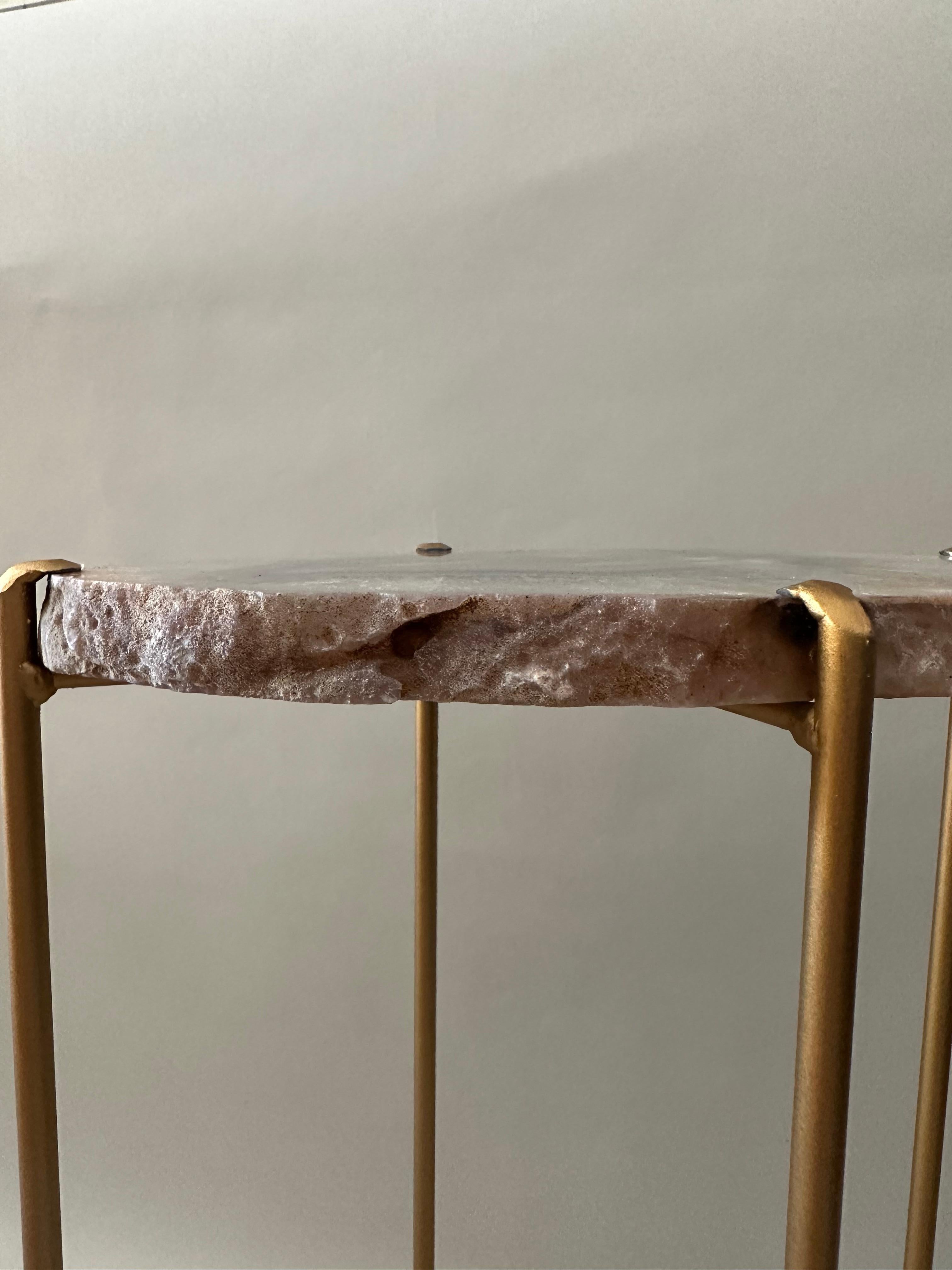 Unusual Modern Handcrafted Geode Drinks Table. Quartzite top with gilt steel base. Gray with wondrous blues